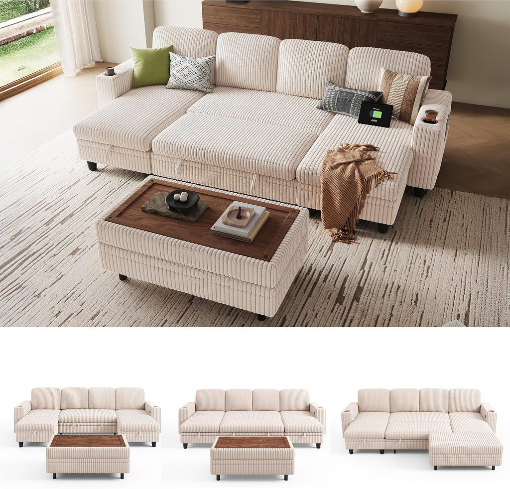 LINSY HOME Sectional Sleeper Sofa with Pull Out Couch Bed for Living Room (Beige) | Plush Corduroy, Storage Ottoman, Storage Chaise, Pull Out Couch, USB Charging