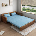 71'queen convertible sofa sleeper,blue cushion sectional sleeper sofa with reversible chaise,walnut color wood sofa bed 3 in 1 pull out couch bed,wooden couch for livingroom,apartment,bedroom,office