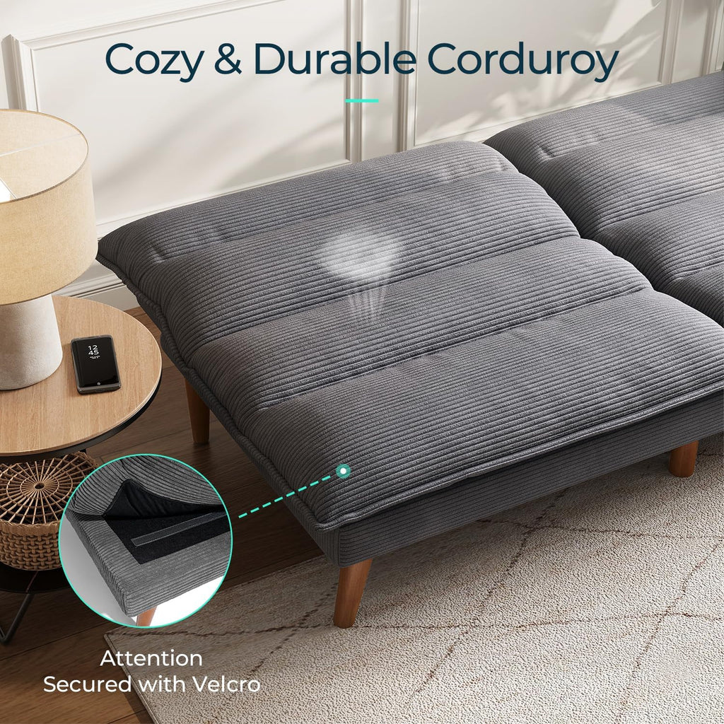 LINSY Futon Sofa Bed Couch Corduroy Futon with Adjustable Backrest Comfy Loveseat Convertible Folding Sleeper Sofa Couches for Small Spaces Living Room Apartment Office (Dark Grey)