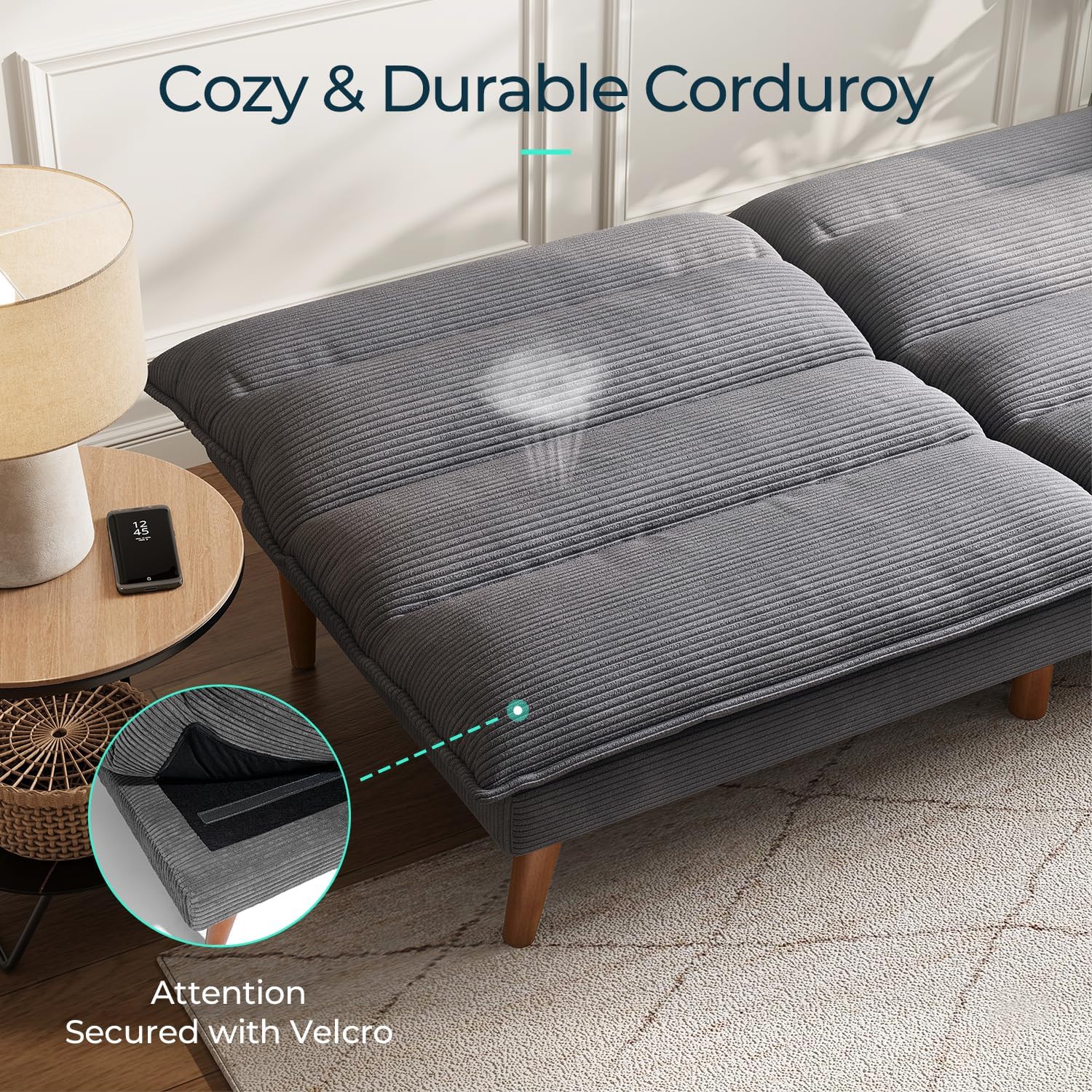 LINSY Futon Sofa Bed Couch Corduroy Futon with Adjustable Backrest Comfy Loveseat Convertible Folding Sleeper Sofa Couches for Small Spaces Living Room Apartment Office (Dark Grey)