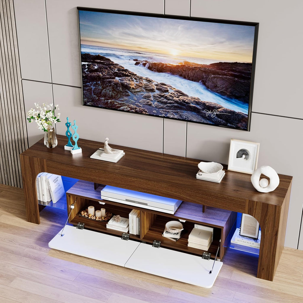 Garvee Modern Lighting TV Stand with Large Storage Drawer for 50 55 60 65 70 75 Inch TVs, TV Console Table with Control Color LED Lights, Entertainment Center Media for Living Room, Bedroom, Walnut