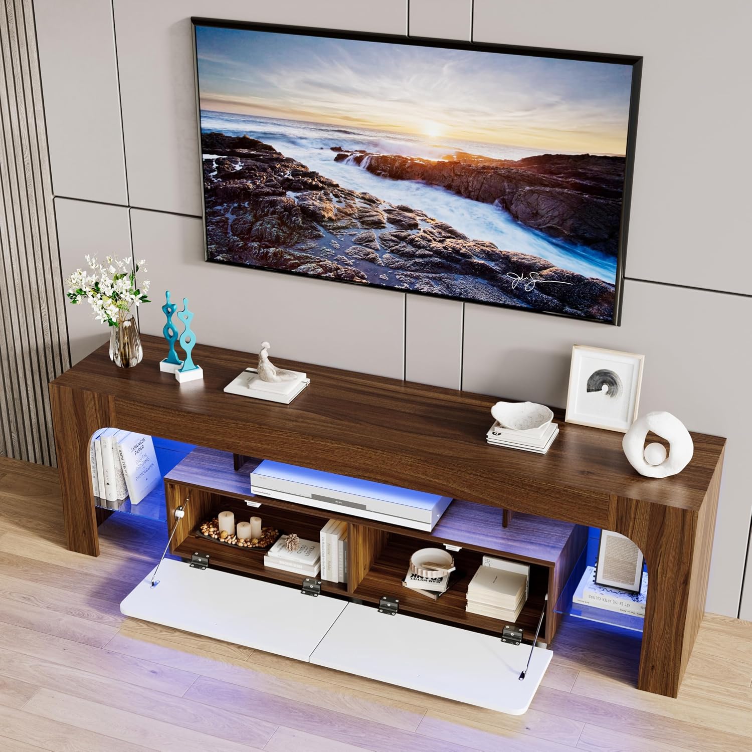 Garvee Modern Lighting TV Stand with Large Storage Drawer for 50 55 60 65 70 75 Inch TVs, TV Console Table with Control Color LED Lights, Entertainment Center Media for Living Room, Bedroom, Walnut