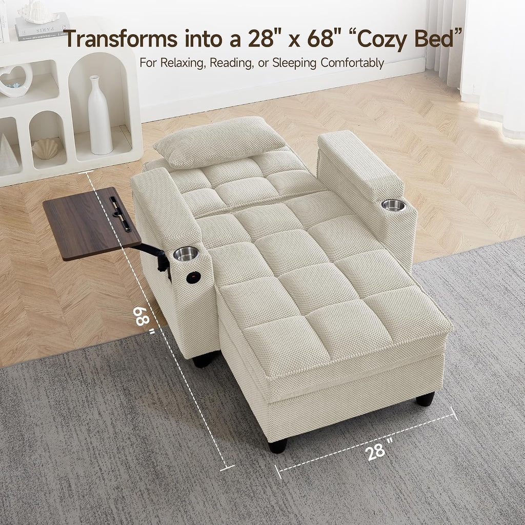 41.7' Oversized Chaise Lounge Chair Indoor, Boucle Upholstered Sofa Bed with Adjustable Backrest, Deep Seat Reading Chair, Sofas Couches for Living Room, Storage, Cup Holders & 360° Swivel Side Table
