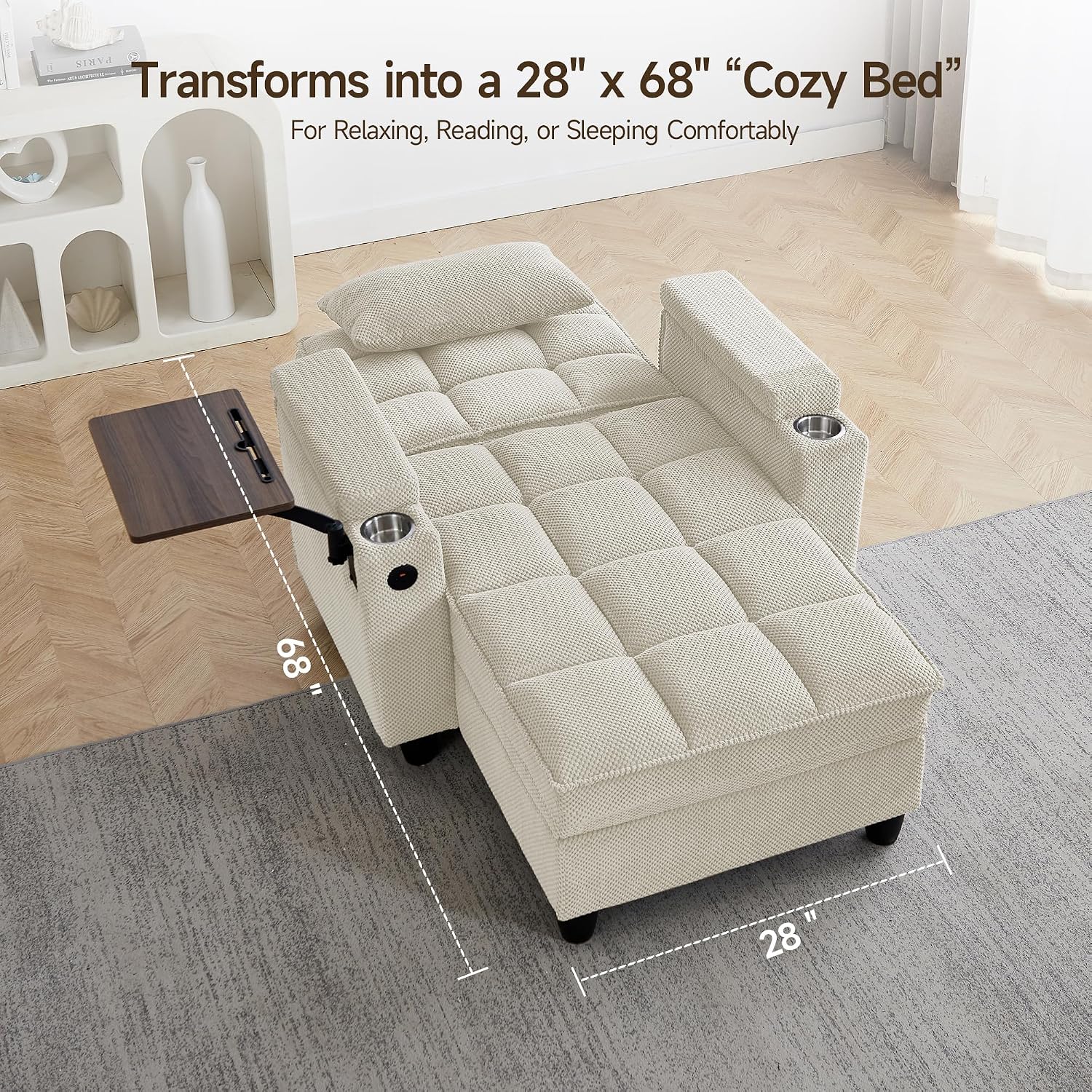 41.7' Oversized Chaise Lounge Chair Indoor, Boucle Upholstered Sofa Bed with Adjustable Backrest, Deep Seat Reading Chair, Sofas Couches for Living Room, Storage, Cup Holders & 360° Swivel Side Table