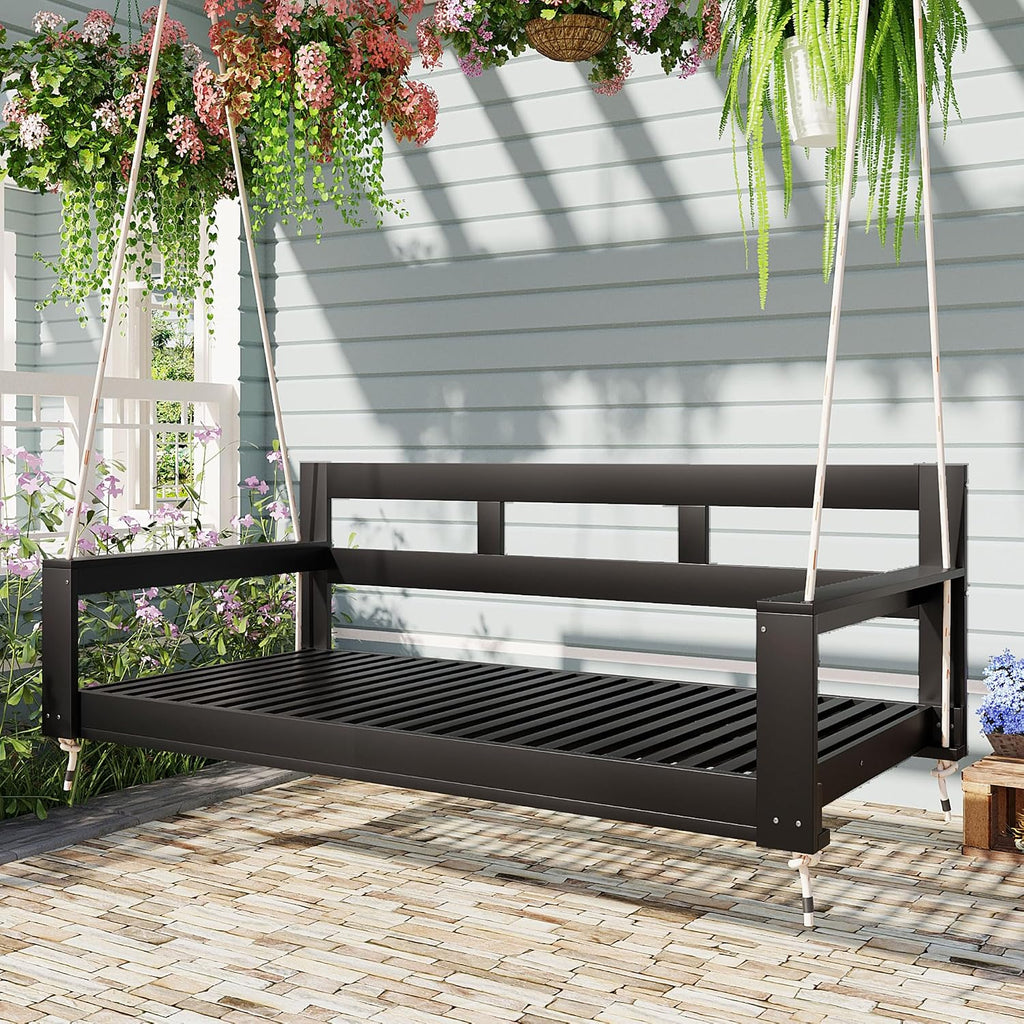 Harper & Bright Designs Patio Wooden Twin Size Porch Swing Daybed Frame, Garden Swing Bench Chair with 4 Hanging Ropes for Backyard,Outdoor,Black