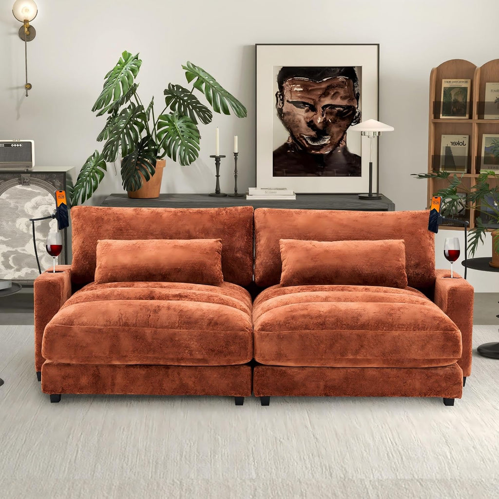 Yoglad Oversized Recliner Lounge Chair Set of 2 with USB Charging & Phone Holder - 400lb Heavy Duty Soft Chenille Reading Chair for Adults, Perfect for Small Spaces in Bedroom/Living Room, Orange