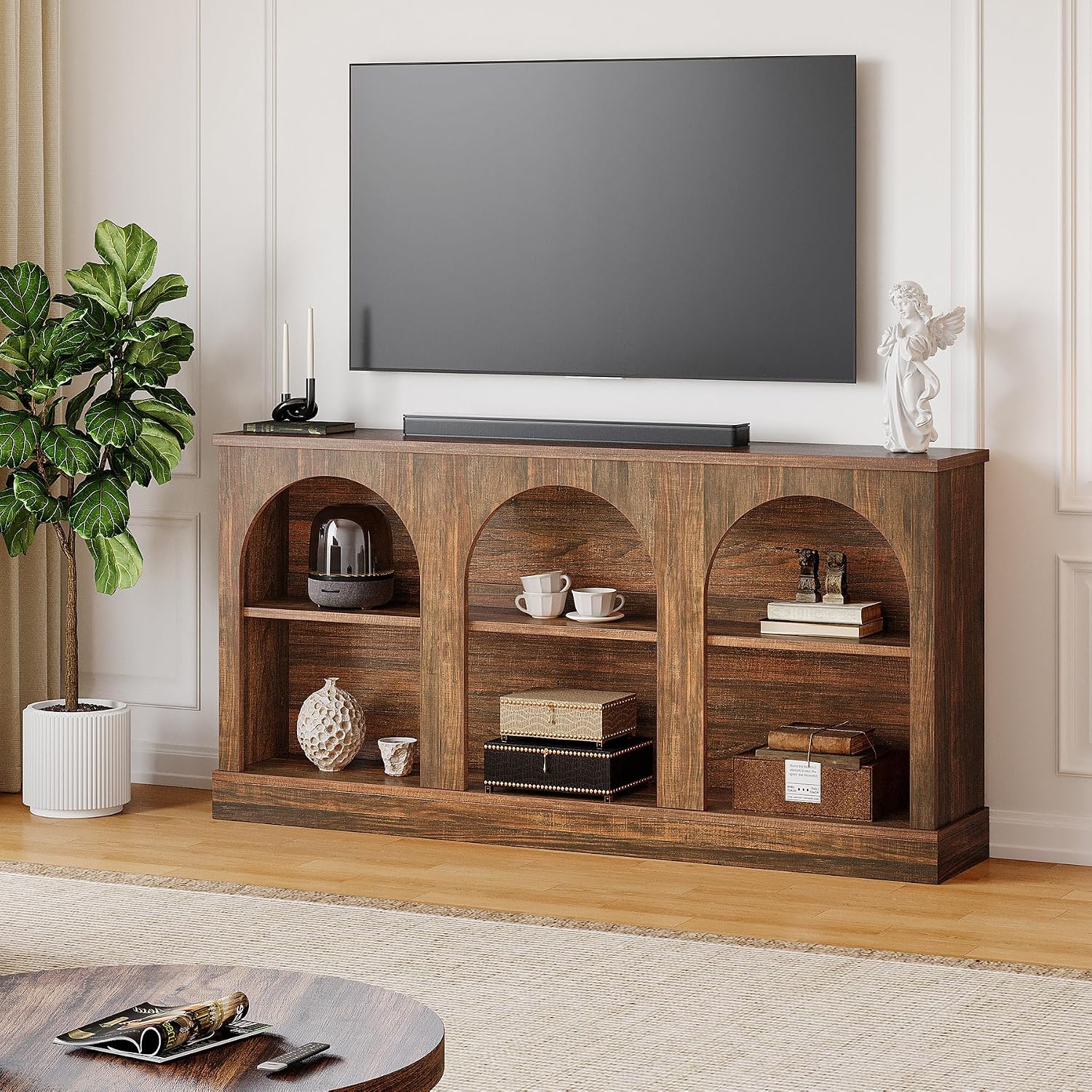 Tribesigns TV Consoles with Storage Cabinets, Television Stand for 55/60/65 Inch TV, Farmhouse Media Entertainment Center Stand for Living Room, Dark Brown