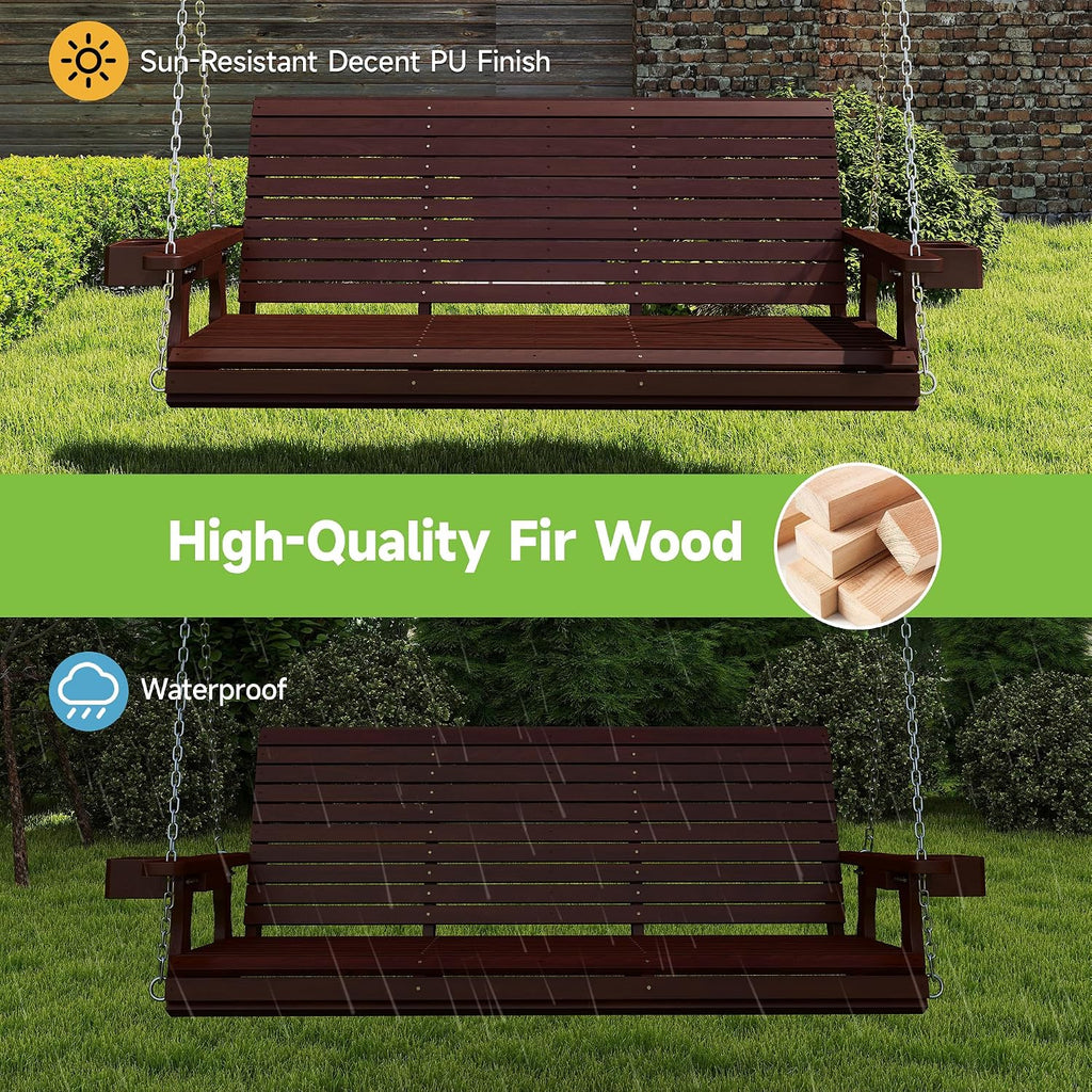 Real Relax Front Porch Swing, Wooden 3 Person Outdoor Hanging Patio Swing Chair with Cup Holders, Upgraded 22' Deep Seat Bench, Heavy Duty 880 Lbs for Courtyard, Garden, Backyard 5 Ft (Brown)
