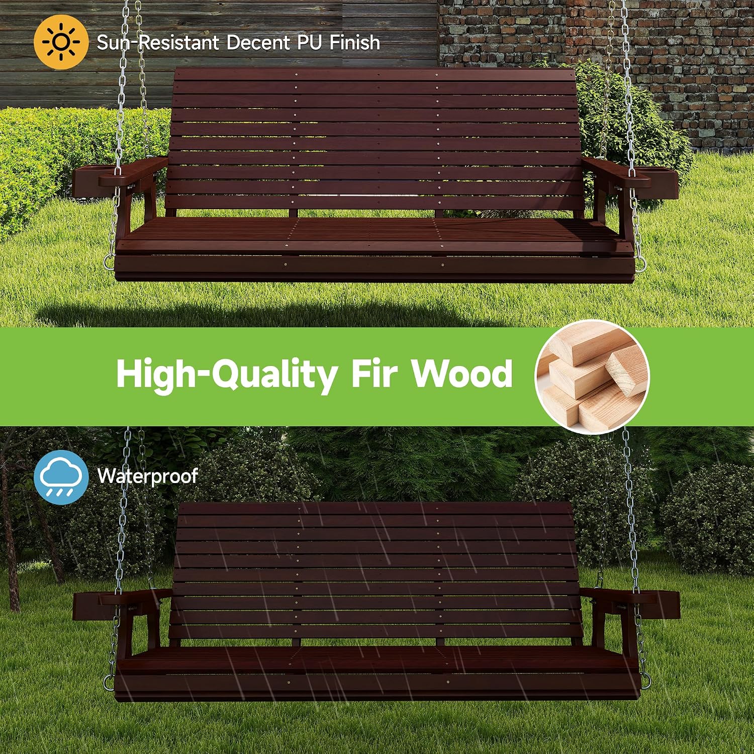Real Relax Front Porch Swing, Wooden 3 Person Outdoor Hanging Patio Swing Chair with Cup Holders, Upgraded 22' Deep Seat Bench, Heavy Duty 880 Lbs for Courtyard, Garden, Backyard 5 Ft (Brown)