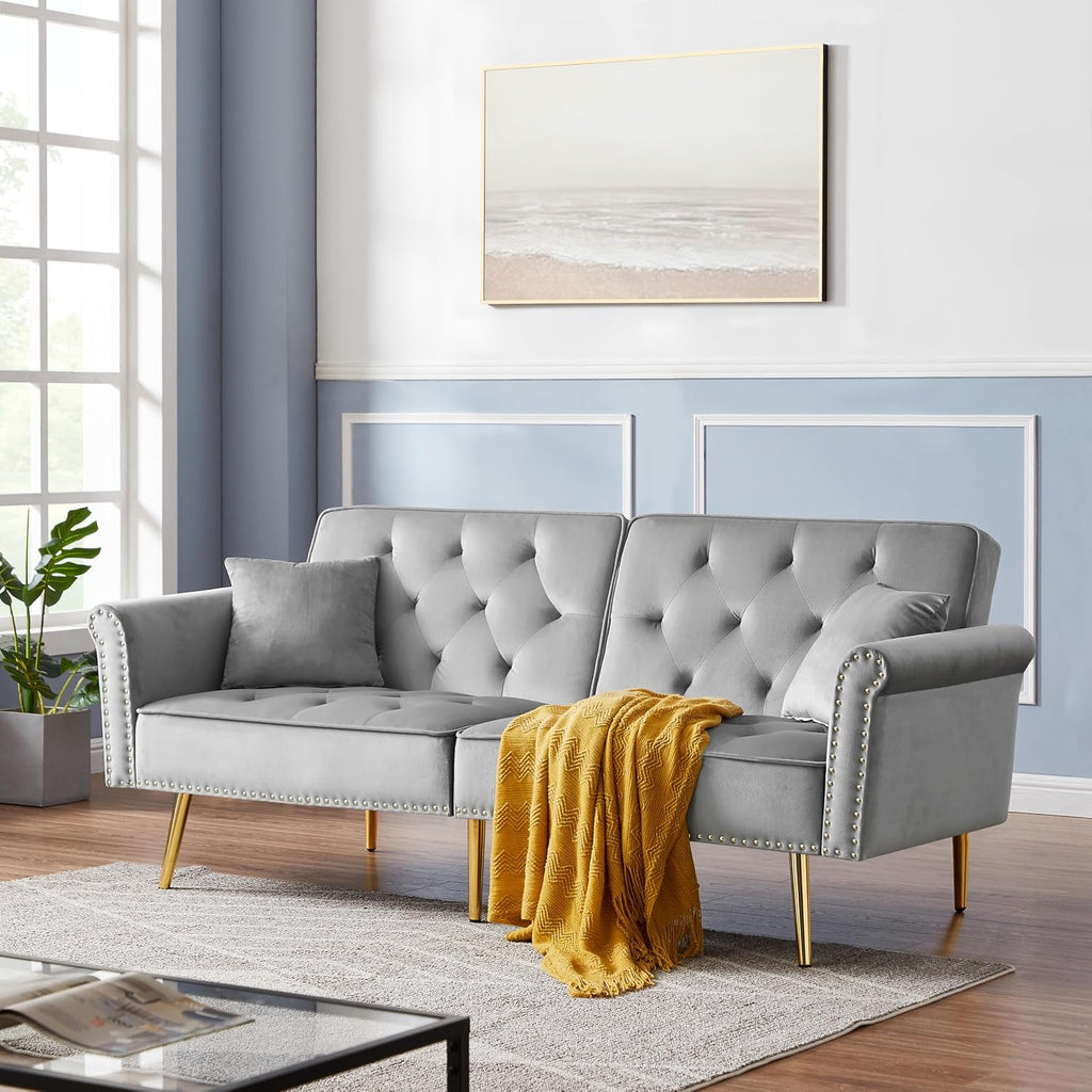 hansones 69.6' Velvet Tufted Sofa Couch, Copper Nail Decoration Accent Sofa with Metal Legs, 2 Pillows & Nailhead Trim, Convertible Futon Couch Sleeper Sofa Loveseat Futon Sofa Bed for Living Room