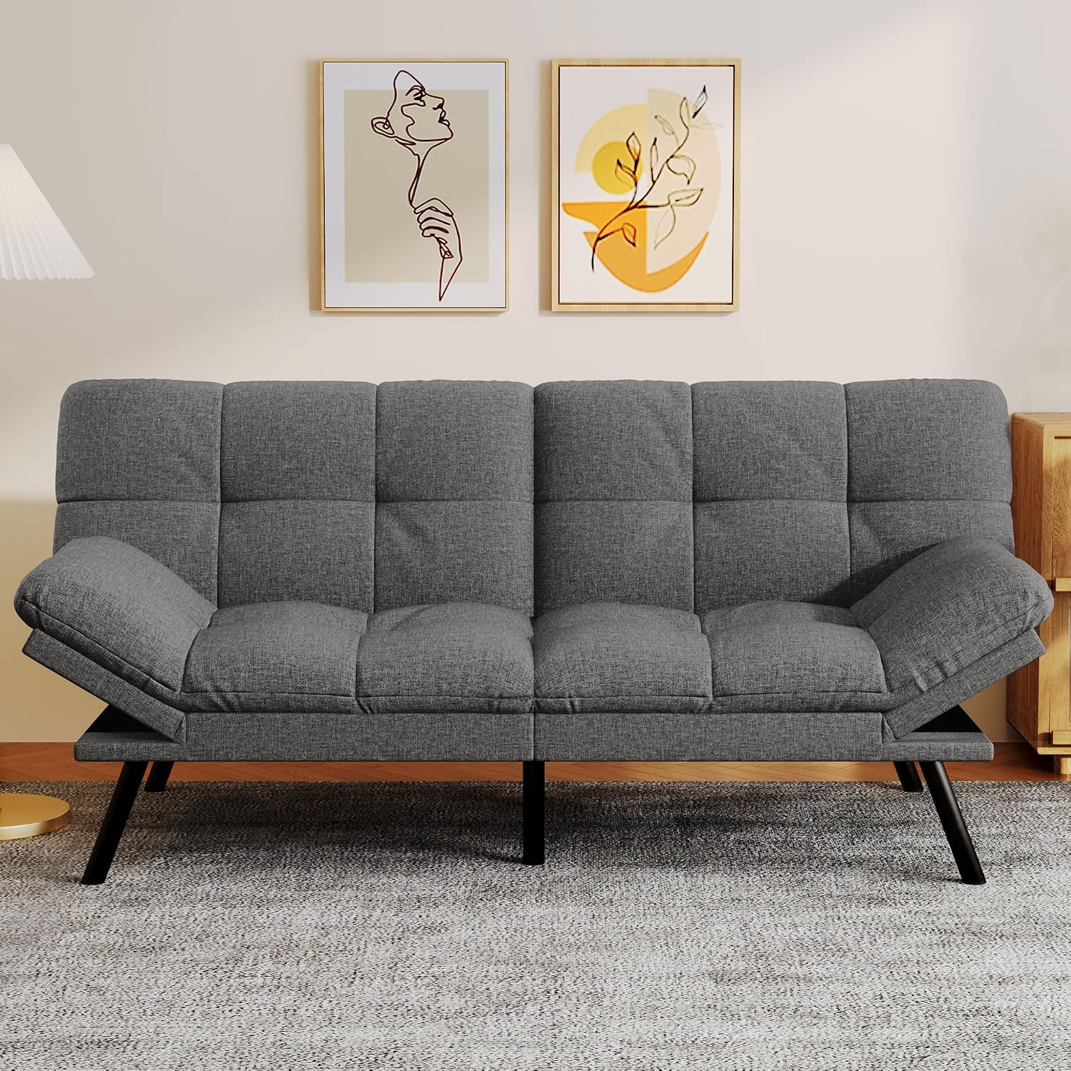 Convertible Futon Sofa Bed,Linen Futon Couch with Detachable Cushion,Adjustable Backrest & Armrest,Modern Small Loveseat Sleeper Recliner for Living Room,Office,Apartment,Grey