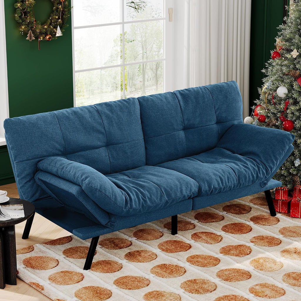 Convertible Futon Sofa Bed,71' Modern Fabric Futon Couch with Adjustable Backrest&Armrest,Small Loveseat Sleeper Sofa,Dorm Futonsofa for Apartment,Living Room,Detachable Cushions,Navy Blue