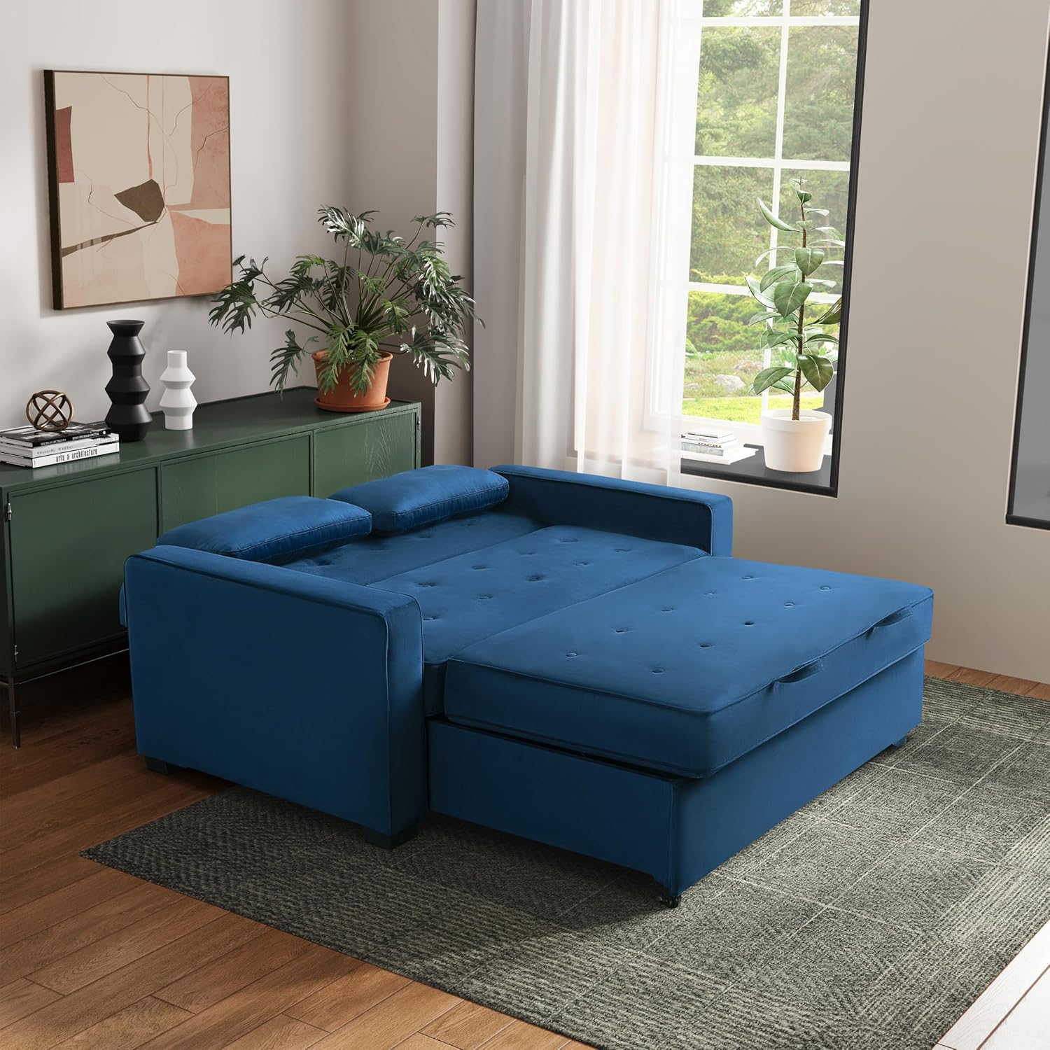 Serta Ainsley 66.5' Convertible Sleeper Loveseat, Full Size, Dreamcoil Comfort, Soft Velvet Fabric, Navy