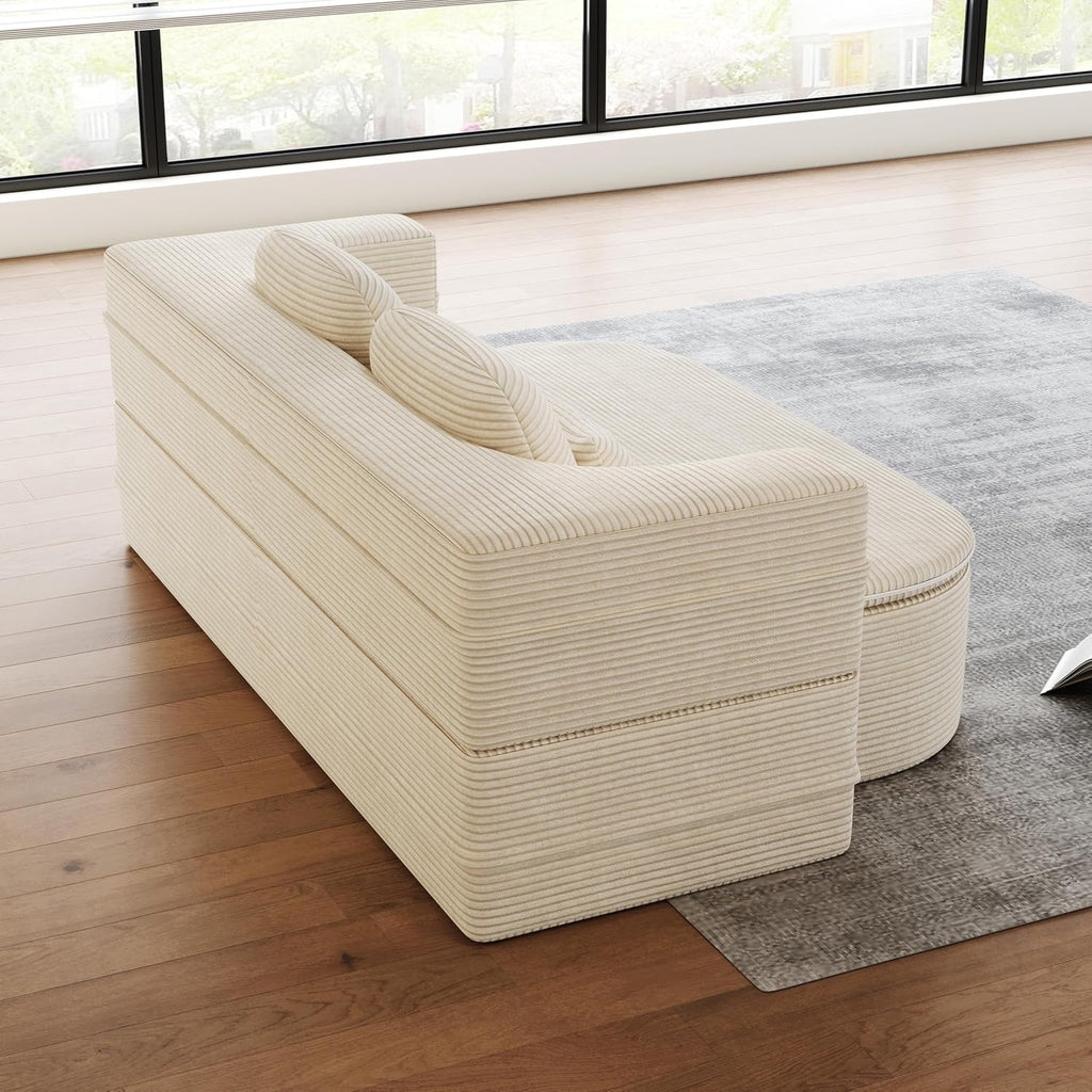 Convertible Folding Futon Sofa Bed, 2-in-1 Corduroy Love seat Sleeper Sofa with Functional Blanket, Foldable Full Size Guest Couch Bed with 4 Soft Pillows for Living Room (Beige)