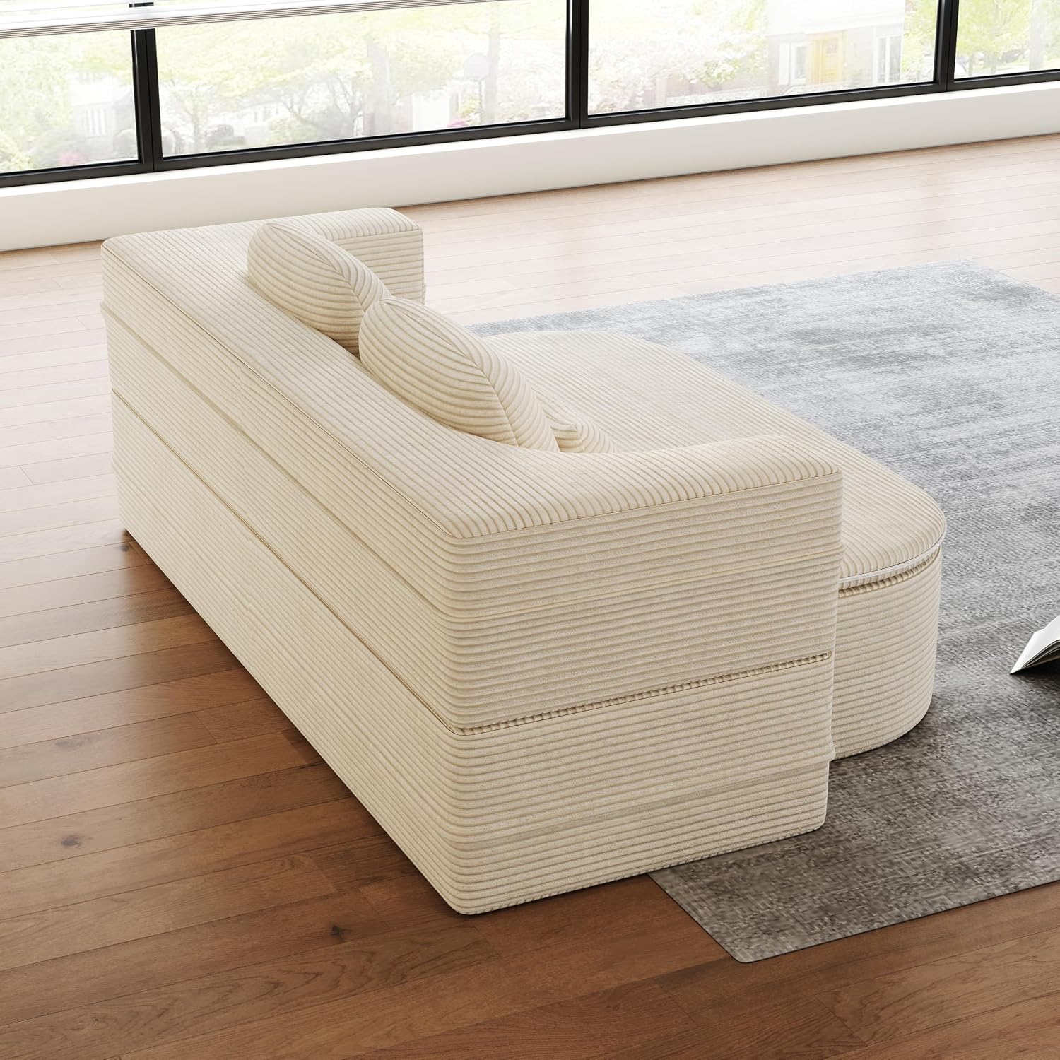 Convertible Folding Futon Sofa Bed, 2-in-1 Corduroy Love seat Sleeper Sofa with Functional Blanket, Foldable Full Size Guest Couch Bed with 4 Soft Pillows for Living Room (Beige)