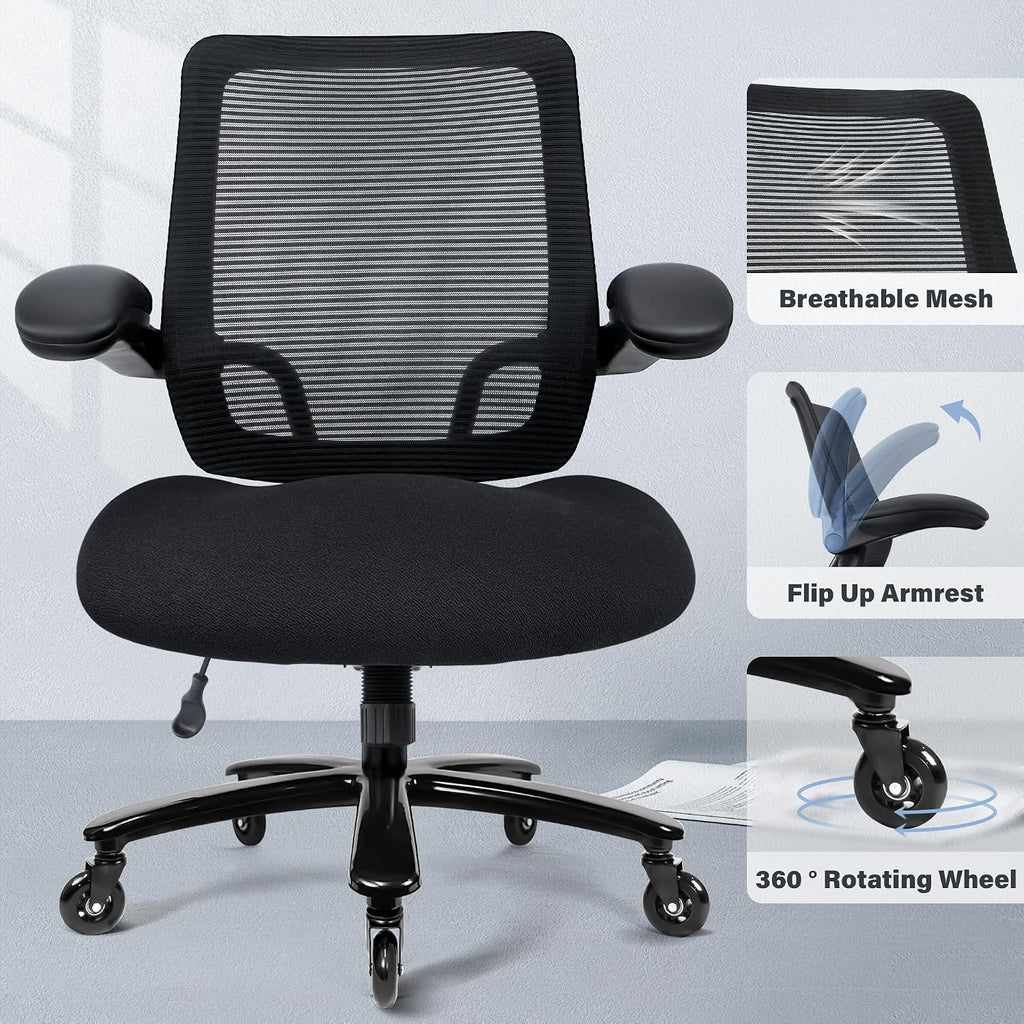Kassipo 500LBS Big and Tall Office Chair with Flip-Up Armrests, Heavy Duty Office Chair for Heavy People, Memory Foam Seat Filling Springs, Black
