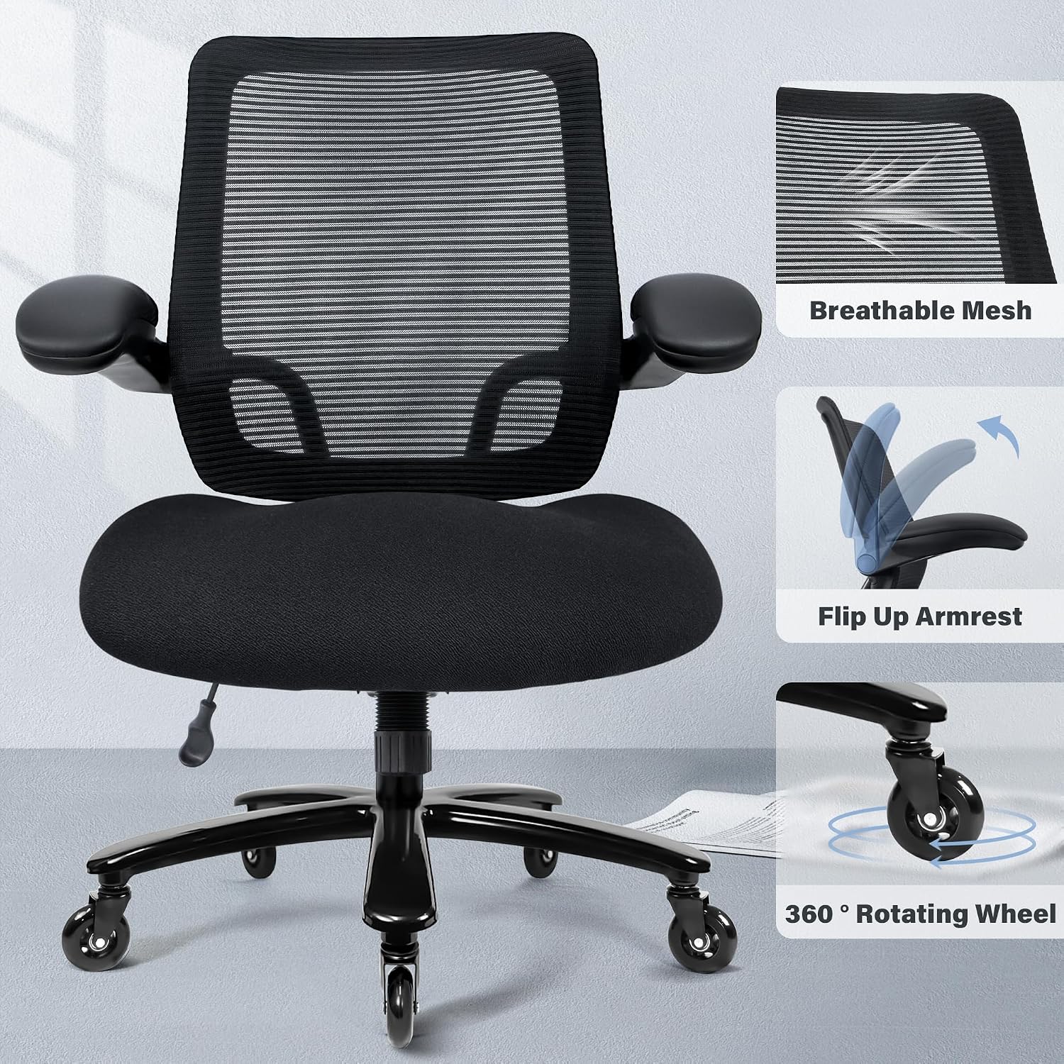 Kassipo 500LBS Big and Tall Office Chair with Flip-Up Armrests, Heavy Duty Office Chair for Heavy People, Memory Foam Seat Filling Springs, Black
