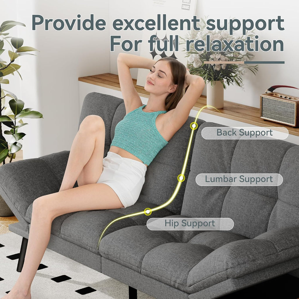Futon Sofa Bed Convertible Couch, Grey Linen Sofa Bed with Memory Foam, Adjustable Backrest & Armrests, Multifunctional Small Loveseat Sleeper Sofa for Living Room, Apartment, Office