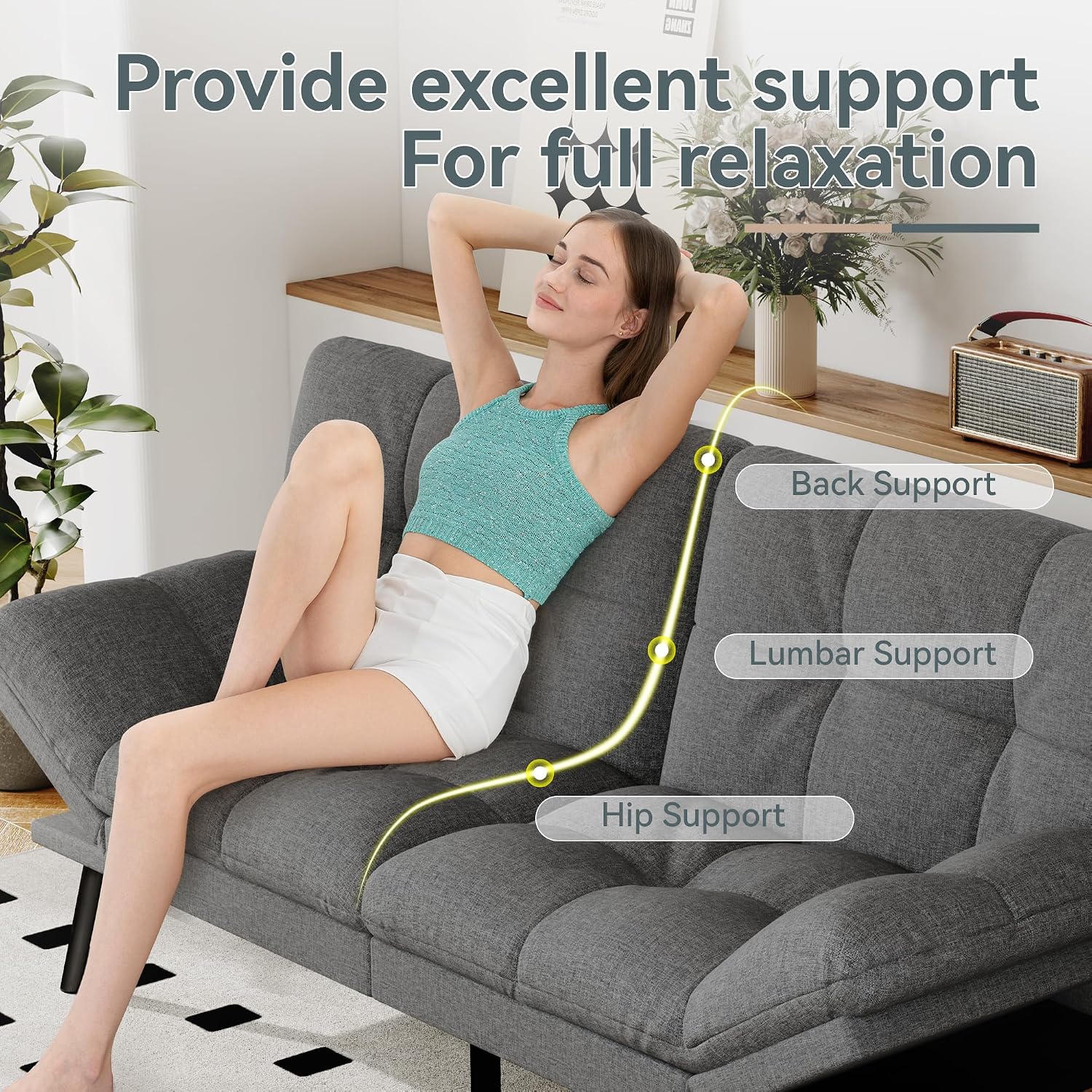 Futon Sofa Bed Convertible Couch, Grey Linen Sofa Bed with Memory Foam, Adjustable Backrest & Armrests, Multifunctional Small Loveseat Sleeper Sofa for Living Room, Apartment, Office