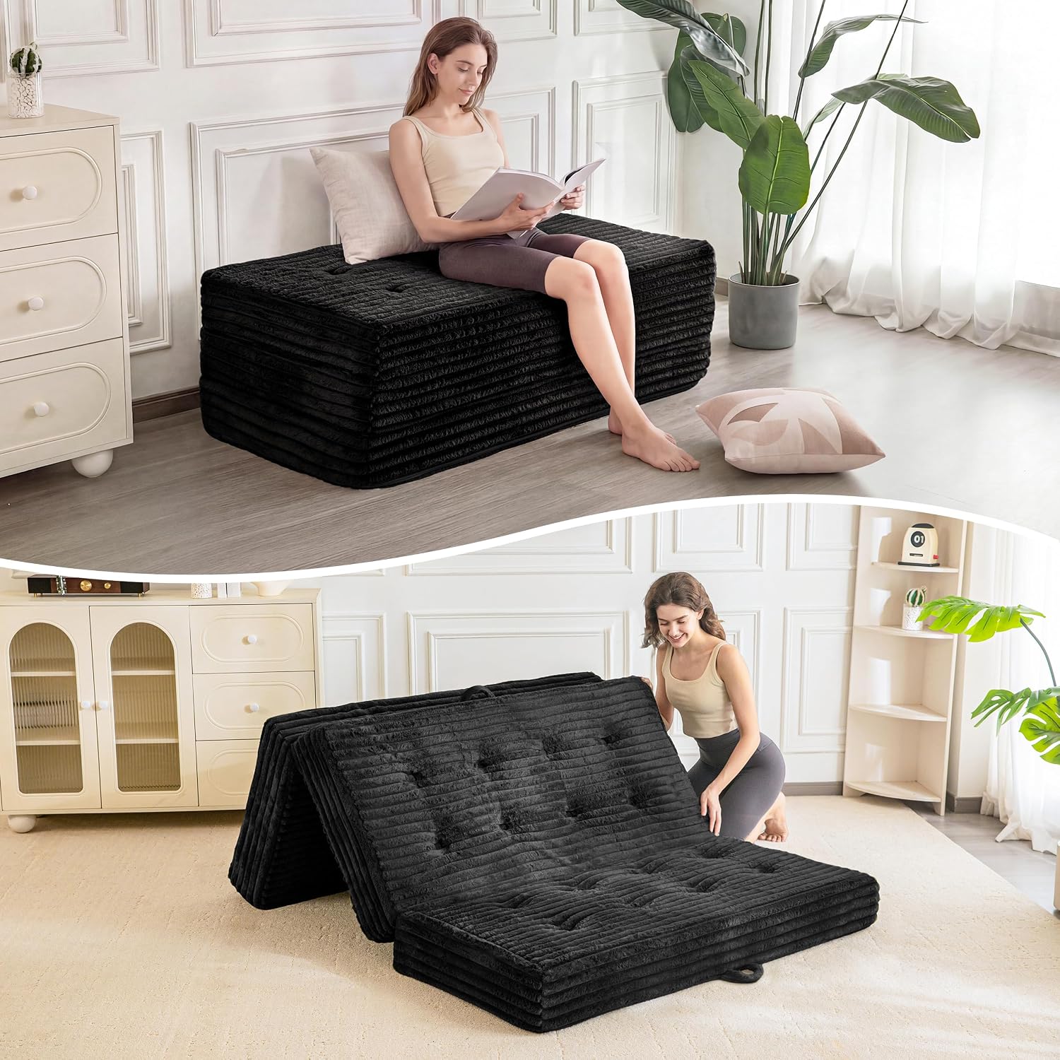 MAXYOYO Folding Sofa Couch Bed, 6 Inch Tri-Fold Floor Sofa Bed, Folding Mattress with Handles, Soft Faux Fur Folding Bed with Supportive Foam Filling, Portable Couch for Living Room, Queen, Black