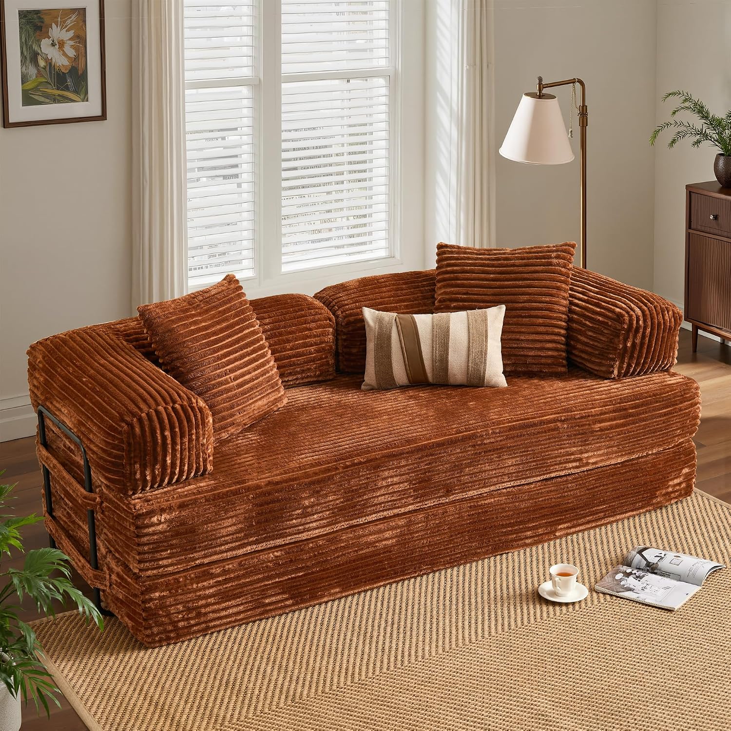 ovios 81' Folding Sofa Bed, Foldable Sleeper Boneless Couch with Pull Out Beds, Modular Convertible Floor Futon Loveseat Lounger for Living Room (Faux Fur, Brown)