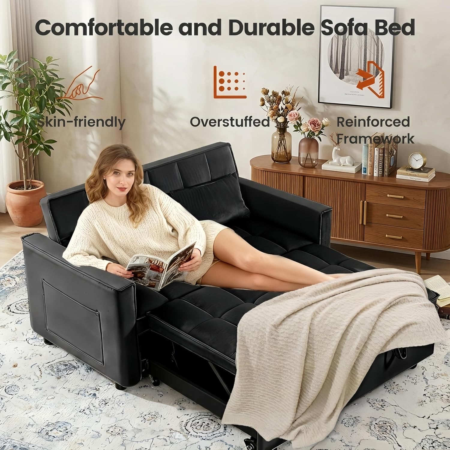 3 in 1 Convertible Sofa Bed, Love Seat Sleeper Bed with Side Pockets, Velvet Fabric Pull Out Couch with Adjustable Backrest for Living Room, Bedroom, Apartment, Black