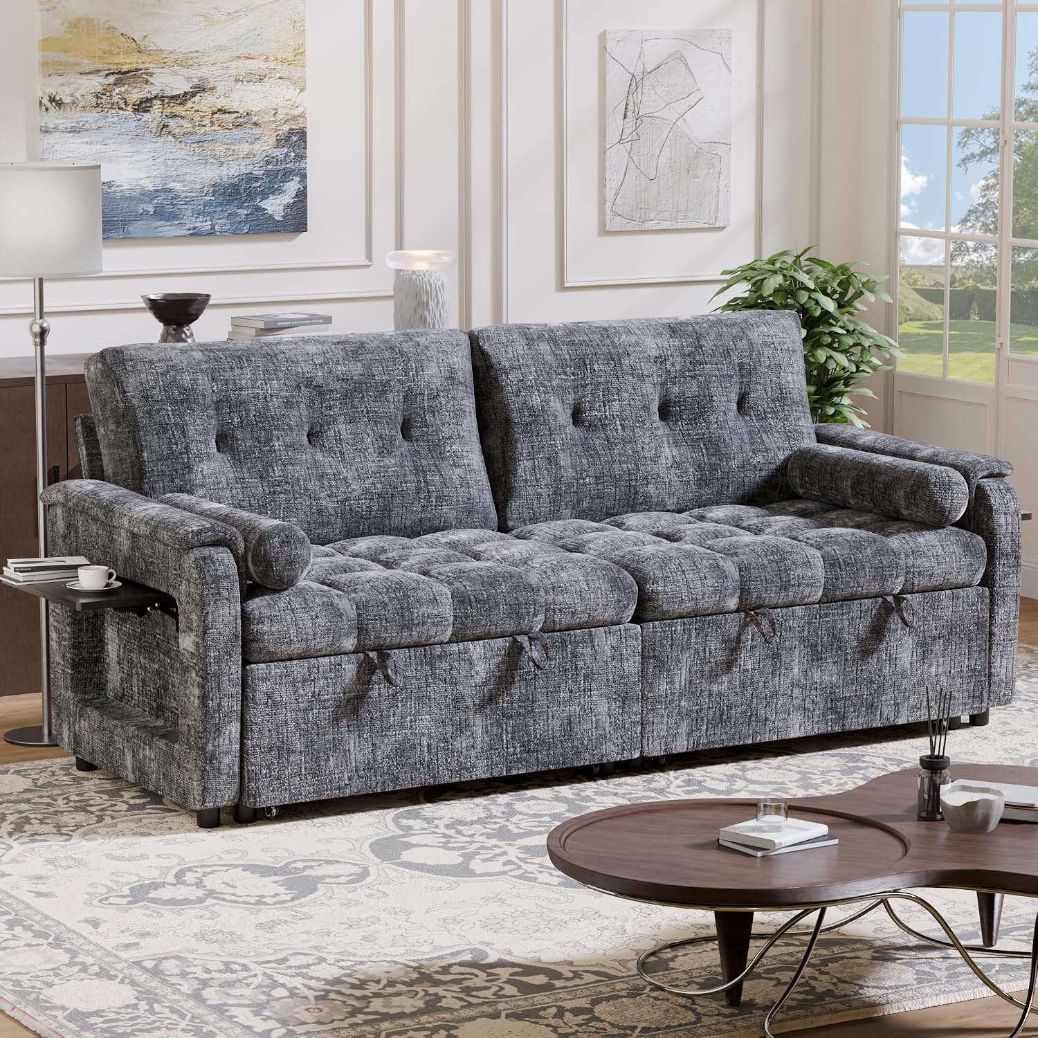 Convertible Sleeper Sofa Bed, 86 Inch Chenille Pull Out Couch with Side Table & Adjustable Backrest, Sectional Sleeper Sofa with Pull Out Bed for Living Room, Apartment, Gray