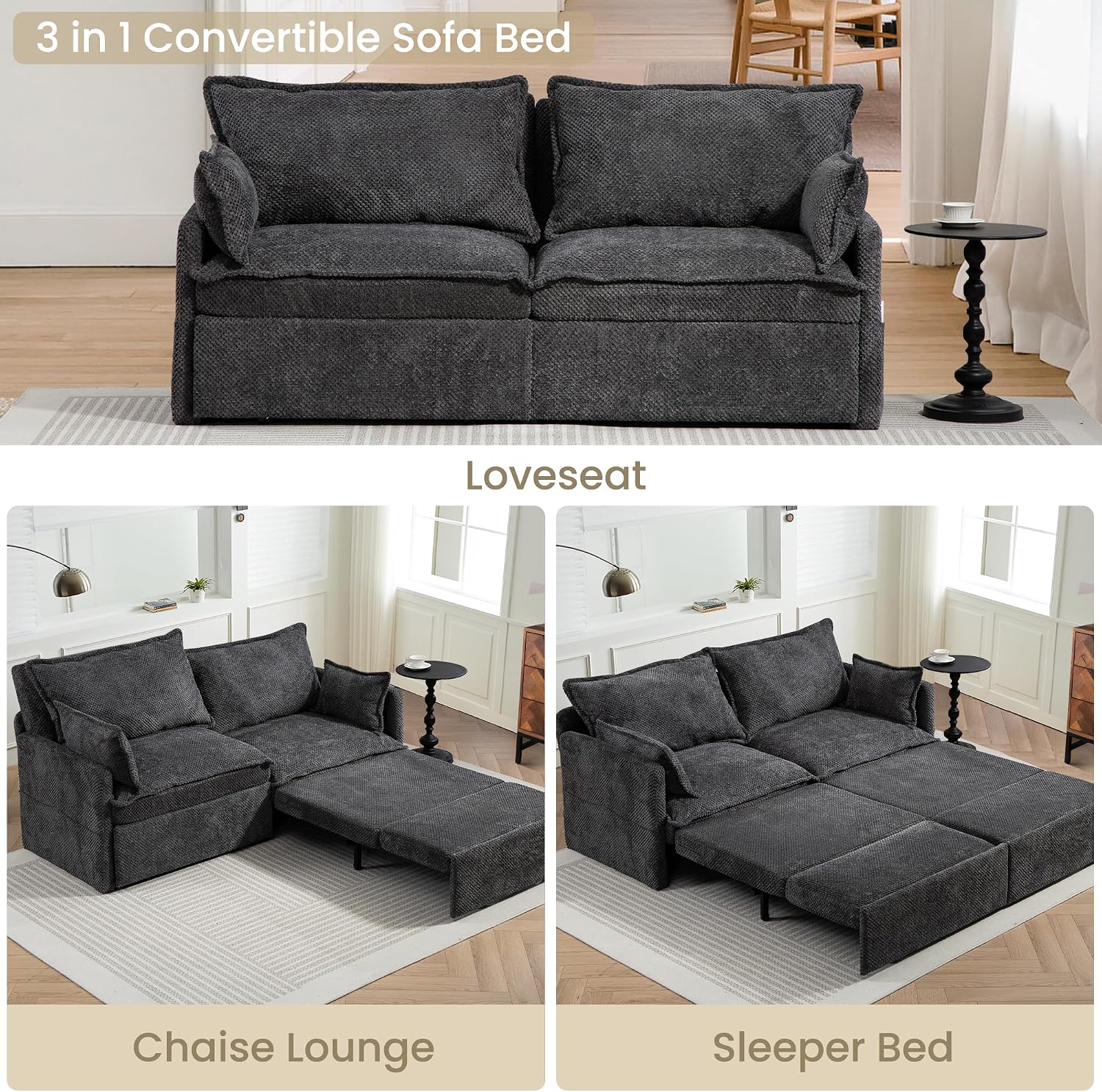 SUNWAVE 74' King Pull Out Sofa Bed -Convertible Sleeper Sofa Bed, Corduroy Pull Out Couch with USB Charging,Side Pockets for Living Room,Bedroom,Small Spaces(Charcoal, 74') | Stay Charging w/ USB, Loveseat by day, Sleeper by night, Space Saving