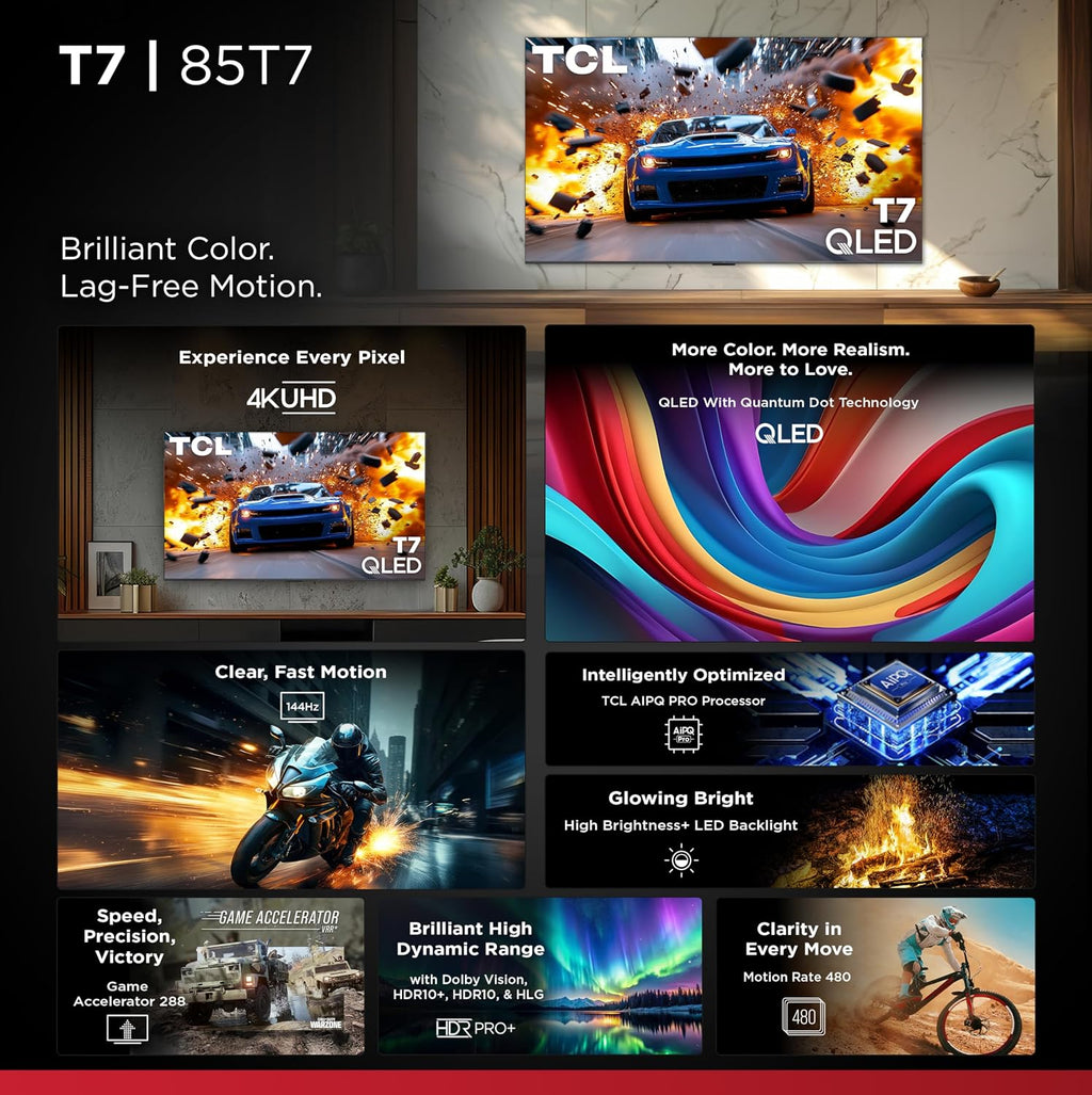 TCL 85 Inch Class T7 Series | 4K QLED HDR | 85T7, 2025 Model | 120HZ-144HZ High Brightness Smart Google TV Dolby Atmos Audio | Voice Remote Alexa Gaming Streaming Television