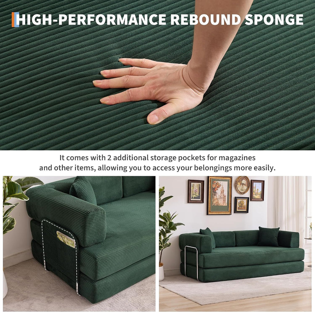 Garvee 5-in-1 Convertible Sofa Bed, 78.8' Modular Corduroy Sleeper with Sturdy Frame & No Assembly, Multi-Functional Futon for Small Space, Living Room & Guest Room (Green) (Dark Green)