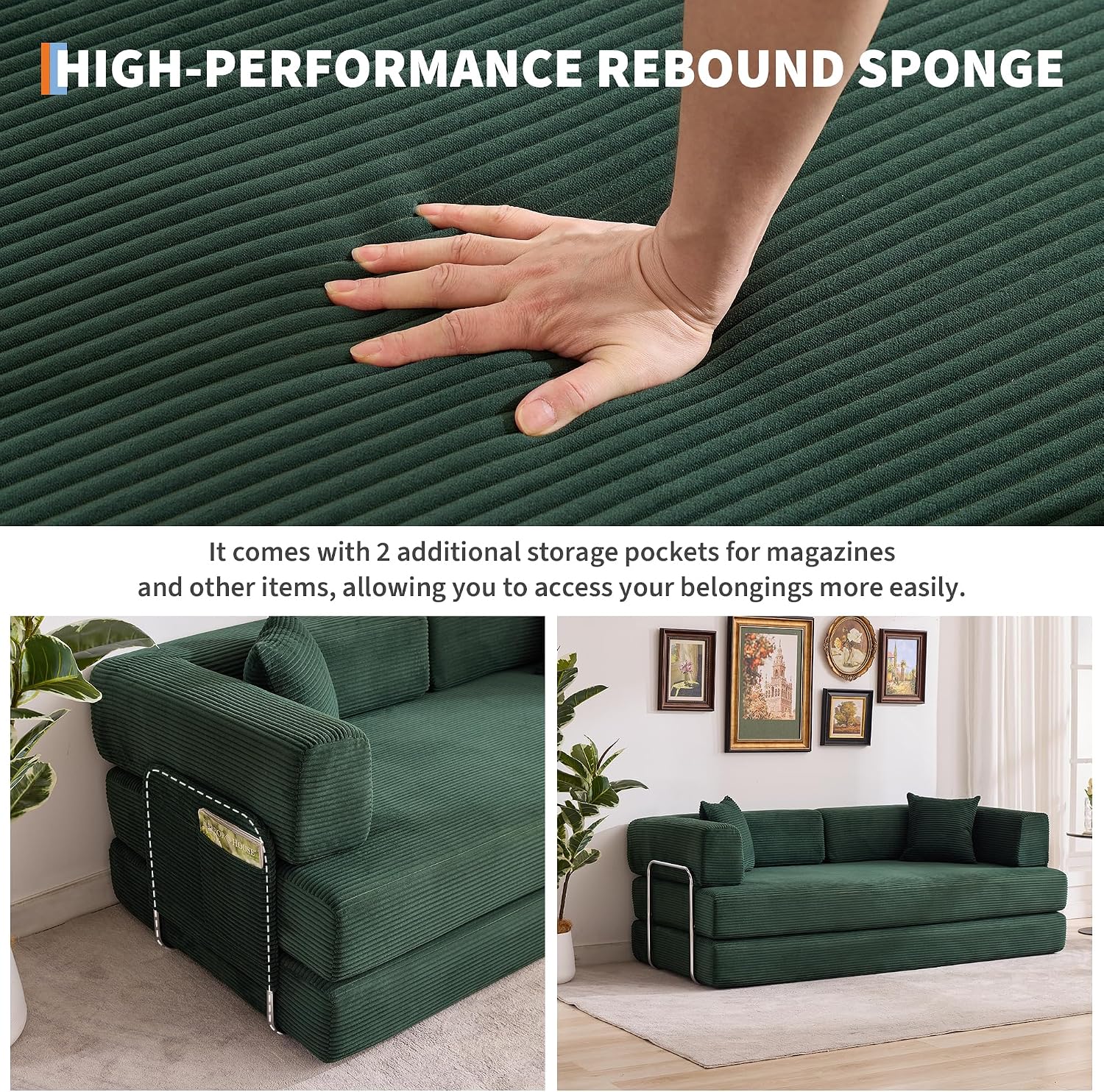 Garvee 5-in-1 Convertible Sofa Bed, 78.8' Modular Corduroy Sleeper with Sturdy Frame & No Assembly, Multi-Functional Futon for Small Space, Living Room & Guest Room (Green) (Dark Green)