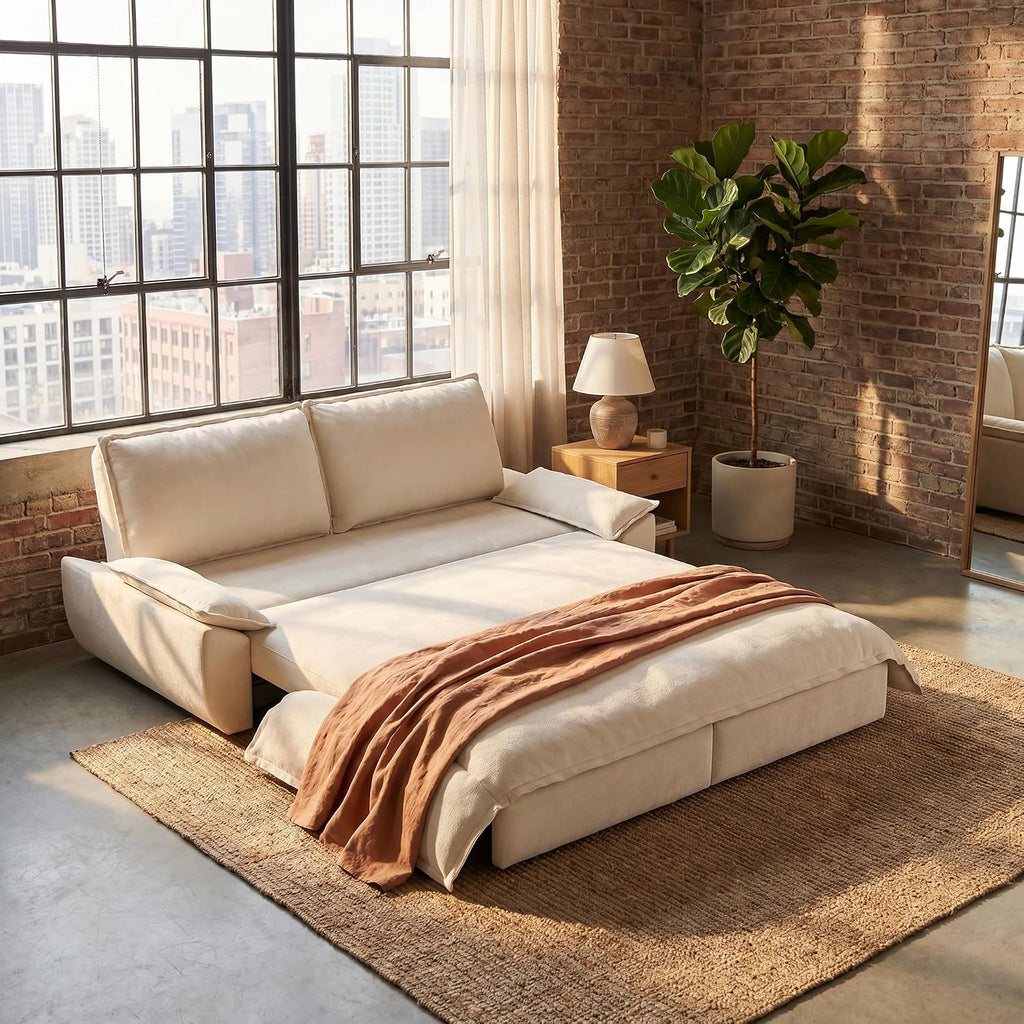 73.2' Sofa Bed Queen, 3-in-1 Pull Out Sofa Bed with Pillow Armrest, Modern Velvet Convertible Sleeper Futon Sofa for Living Room Small Space, Apartment, Bedroom, White