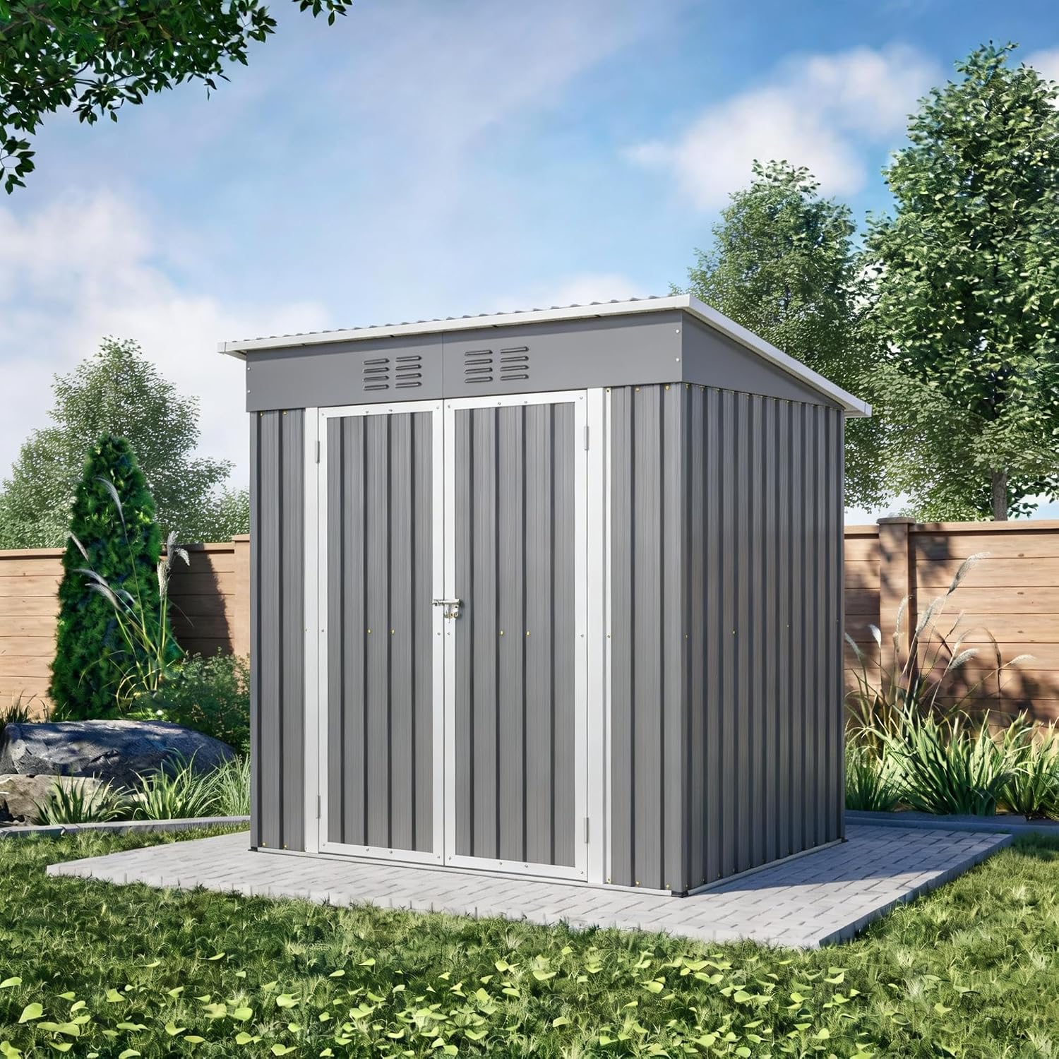 6 x 4 FT Outdoor Storage Shed, Metal Garden Shed with Floor Frame, Small Tool Shed Outdoor Storage with Lockable Sliding Doors & Air Vents, Storage House Waterproof for Backyard, Lawn, Grey