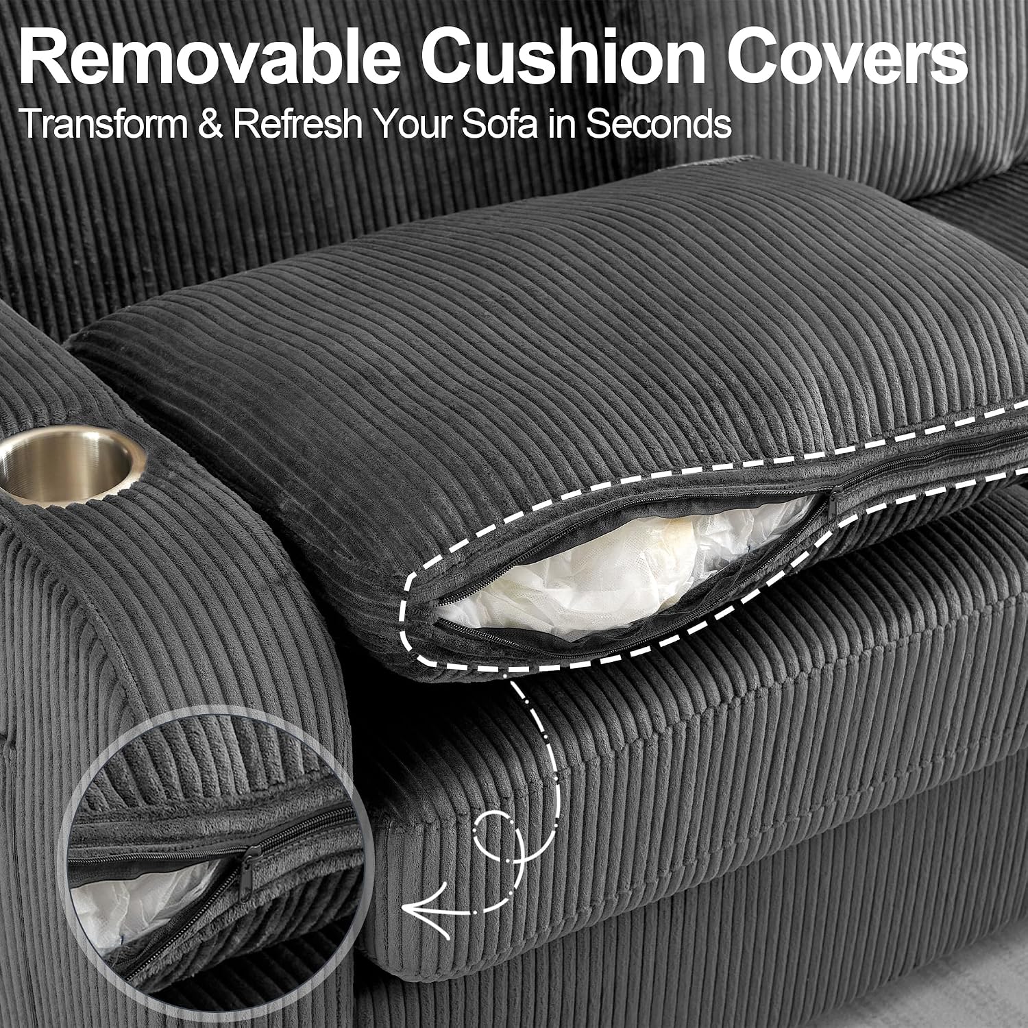 87.4' Oversized 3 Seater Couch, Upholstered Sofa for Living Room,Modern Deep Seat Comfy Love Seat Couch with Cup Holders,Corduroy Loveseat Sofa (Grey)