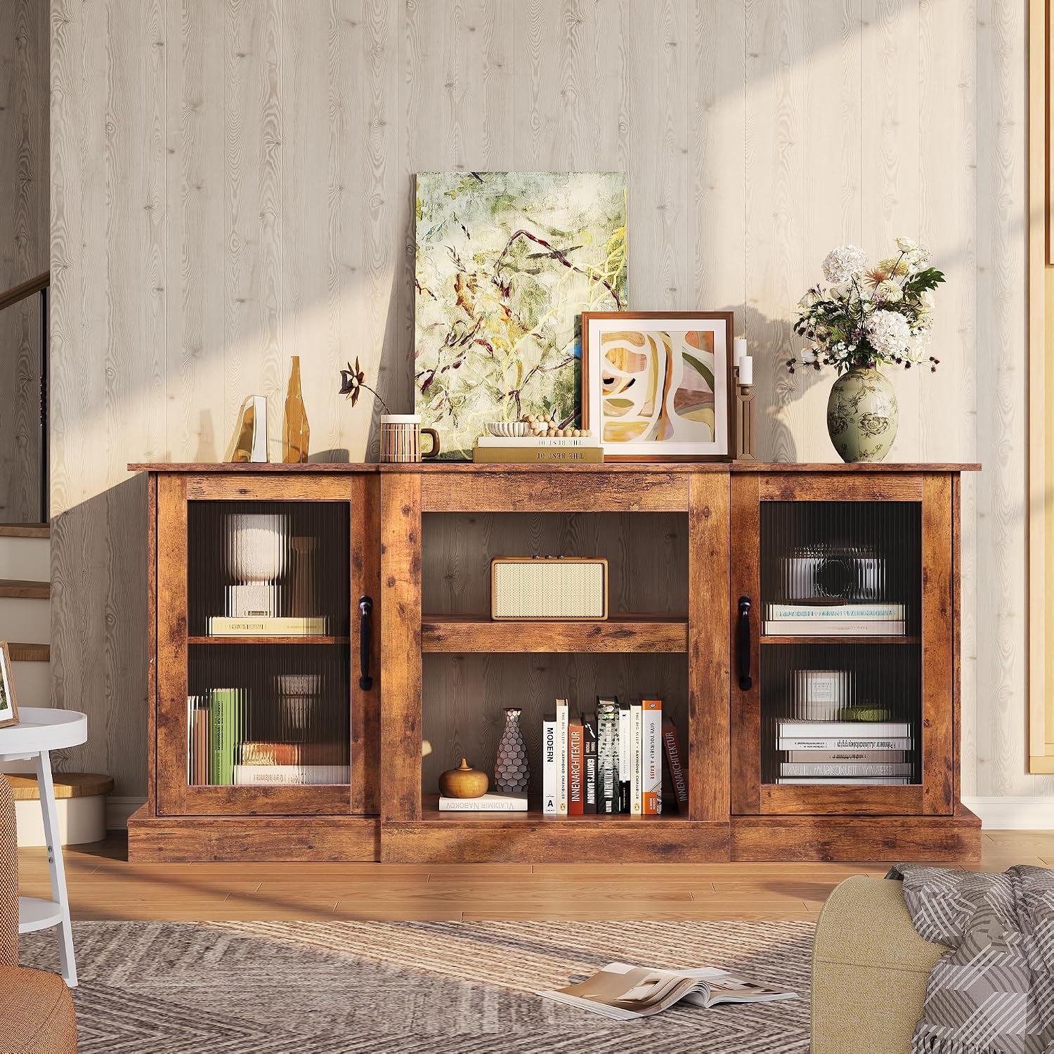 WLIVE Farmhouse TV Stand for 65 inch TV, 58' Entertainment Center with Storage Cabinets, Open Shelves TV Console for Living Room and Bedroom, Rustic Brown