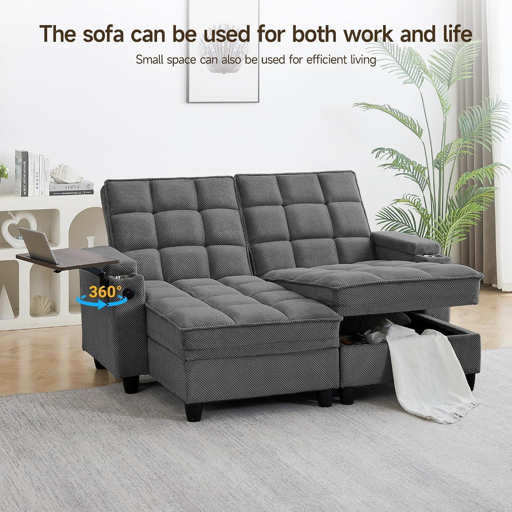 70.9' Chaise Lounge Chair Indoor, Oversized Boucle Upholstered Sofa Bed, Adjustable Backrest Deep Seat Reading Chair, Sofas Couches for Living Room with Storage, Cup Holders and 360° Swivel Side Table