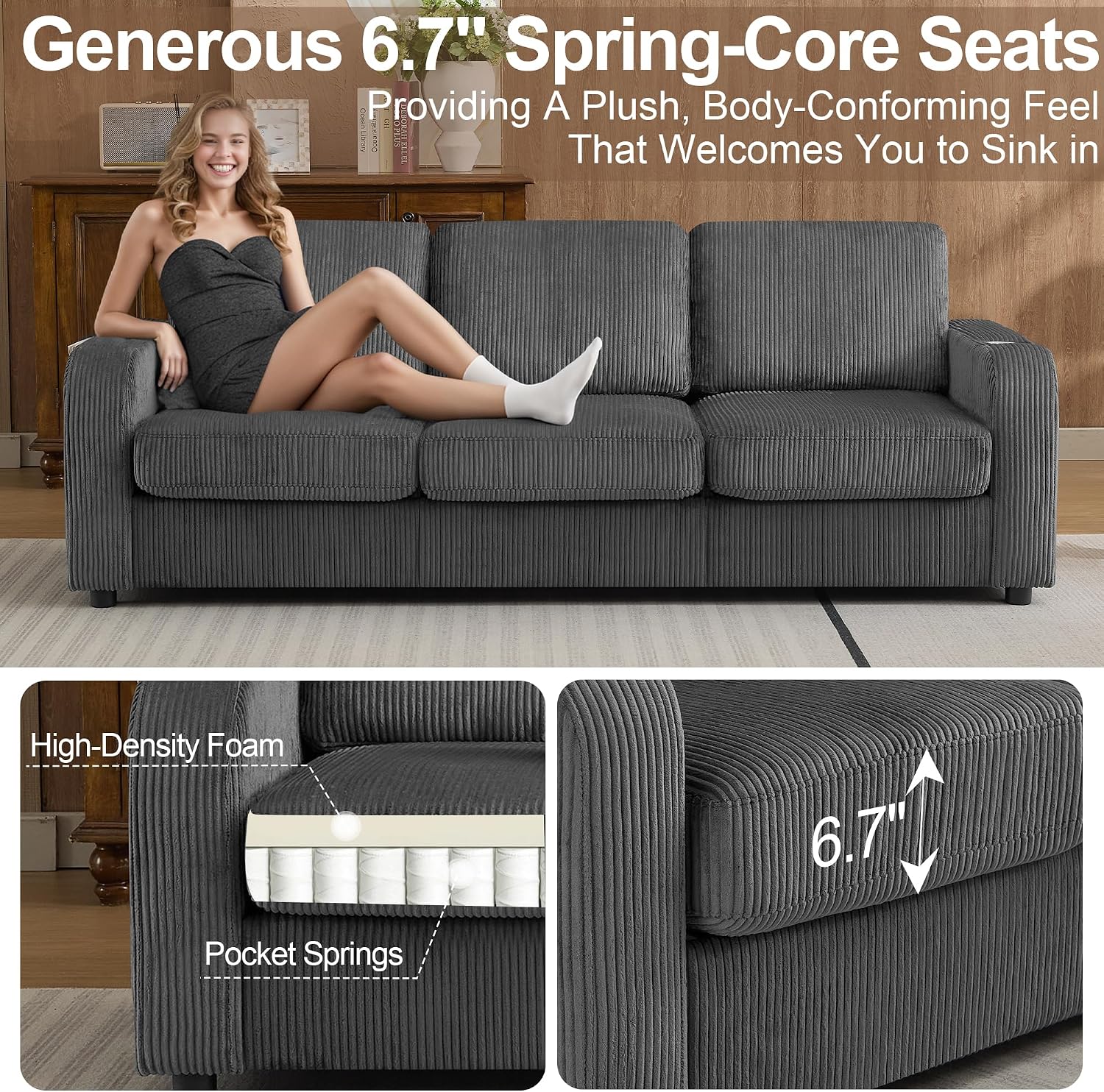87.4' Oversized 3 Seater Couch, Upholstered Sofa for Living Room,Modern Deep Seat Comfy Love Seat Couch with Cup Holders,Corduroy Loveseat Sofa (Grey)