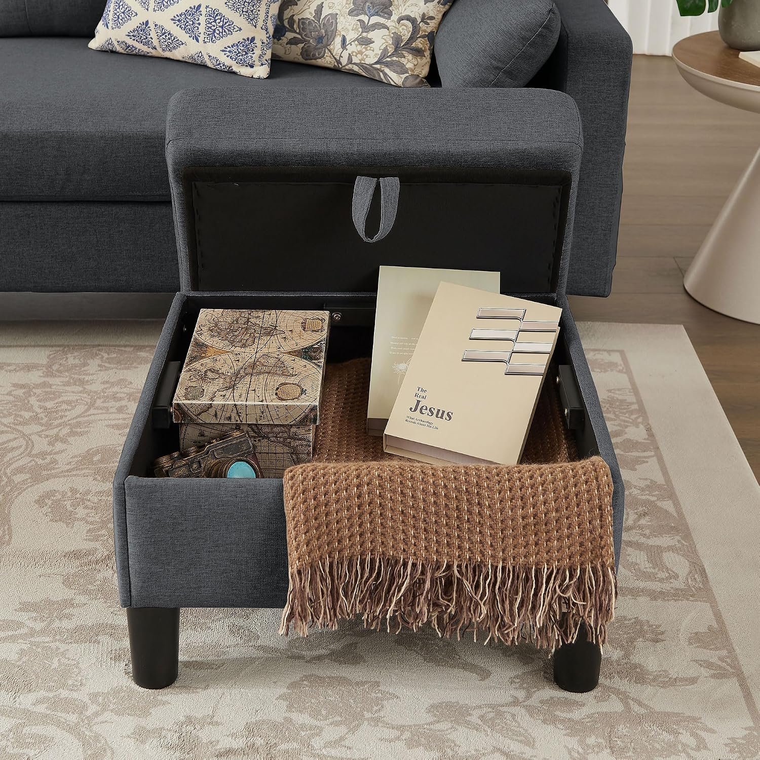 101' Convertible Sectional Sofa, Modern Linen Fabric U-Shaped Couch with 2 Storage Ottomans and Storage Pocket, 4 Seat Sofa Couches for Living Room, Apartment, Office, Darkgrey