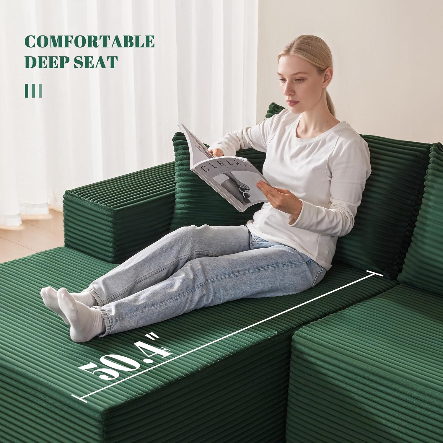 Mangodan 110' Cloud Sectional Couch, Modular Sectional Sofa with Deep Seat, Boneless Sofa for Living Room, Fluffy Comfy U-Shaped Couch with Left Facing Chaise, No Assembly Required, Green