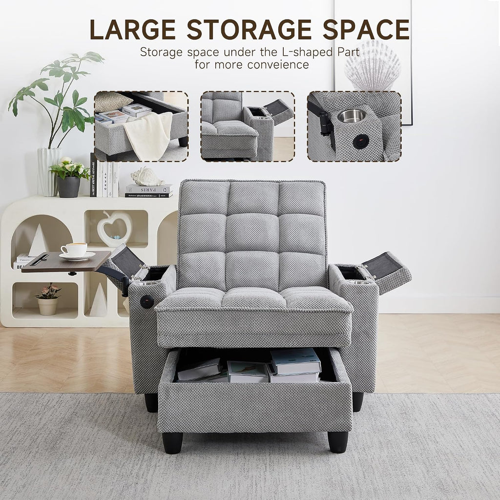 41.7' Oversized Chaise Lounge Chair Indoor, Boucle Upholstered Sofa Bed with Adjustable Backrest, Deep Seat Reading Chair, Sofas Couches for Living Room, Storage, Cup Holders & 360° Swivel Side Table