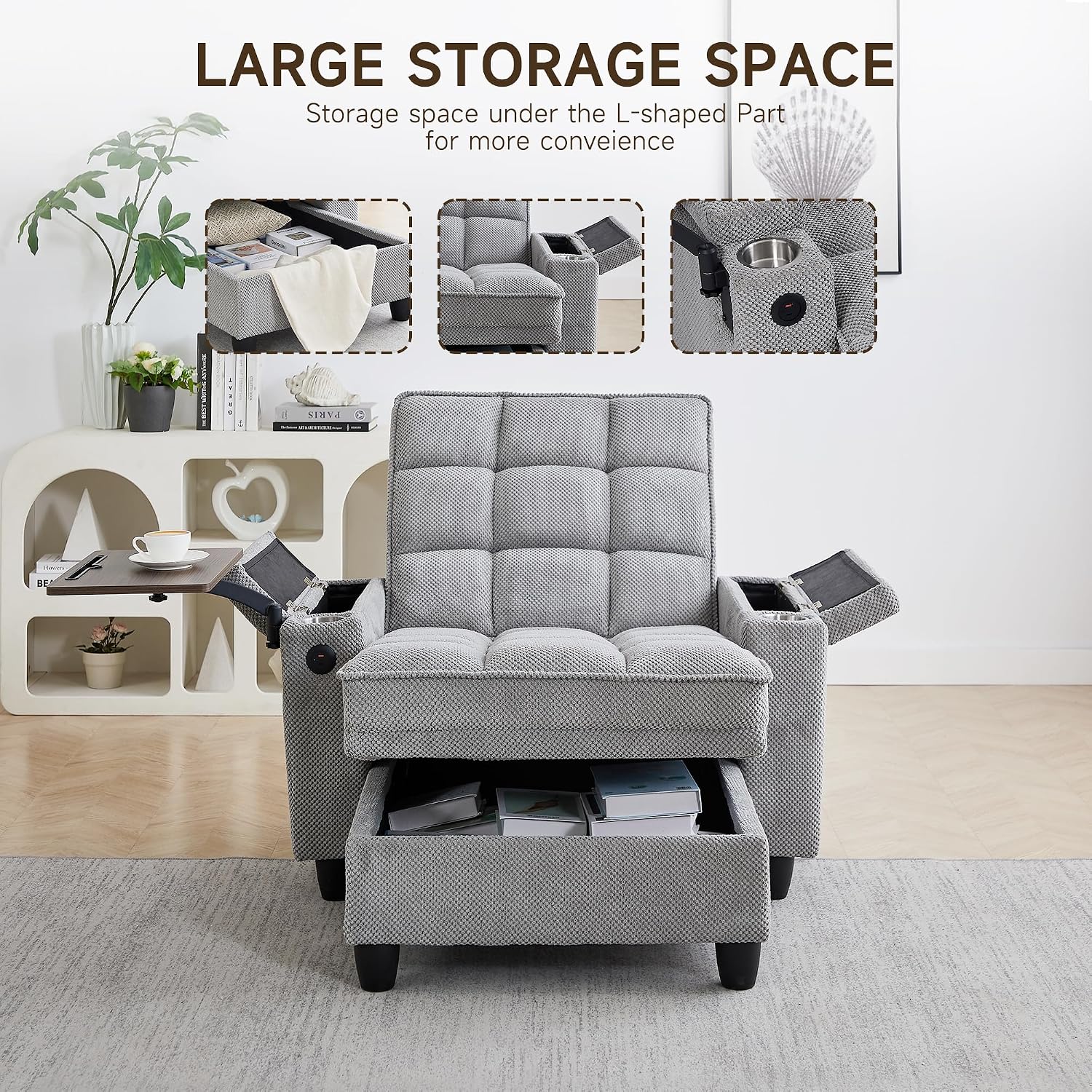 41.7' Oversized Chaise Lounge Chair Indoor, Boucle Upholstered Sofa Bed with Adjustable Backrest, Deep Seat Reading Chair, Sofas Couches for Living Room, Storage, Cup Holders & 360° Swivel Side Table