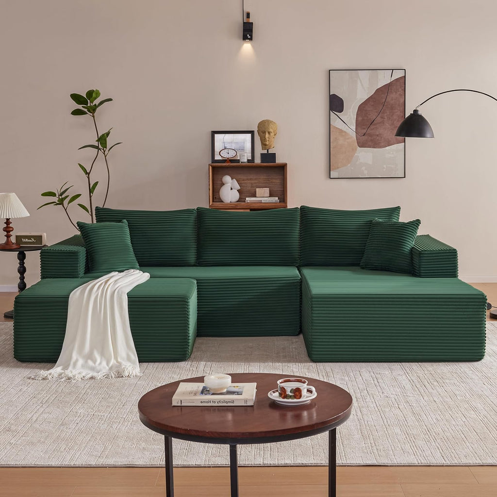 Mangodan 110' Cloud Sectional Couch, Boneless Sofa for Living Room, Modular Sectional Sofa with Deep Seat, Comfy Fluffy U-Shaped Couch with Right-Facing Chaise, No Assembly Required, Green