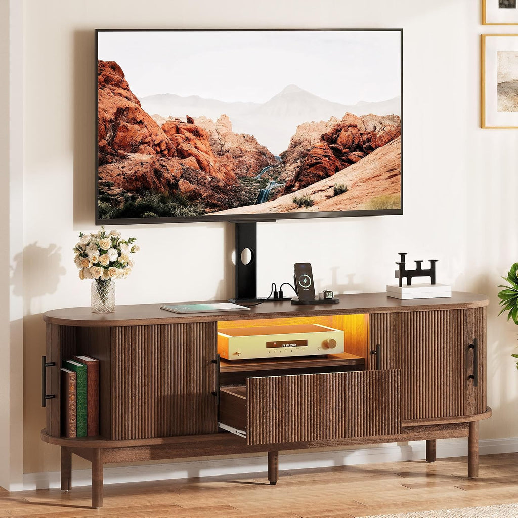 YITAHOME TV Stand with Mount and Power Outlet, Modern Entertainment Center with 3 Height Adjustment TV Mount for 32-70 inch TVs, LED Fluted TV Media Console with Sliding Doors, Curved Profile Design