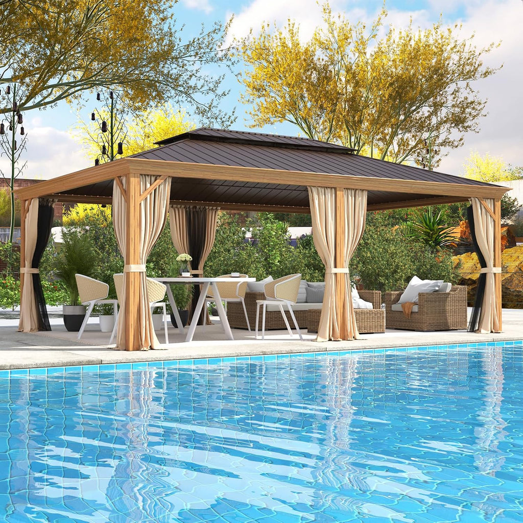 EROMMY 14'x20' Gazebo, Galvanized Steel Double Roof with Wood Grain Aluminum Frame, Outdoor Permanent Metal Pavilion with Curtains and Nettings for Patio, Backyard and Deck