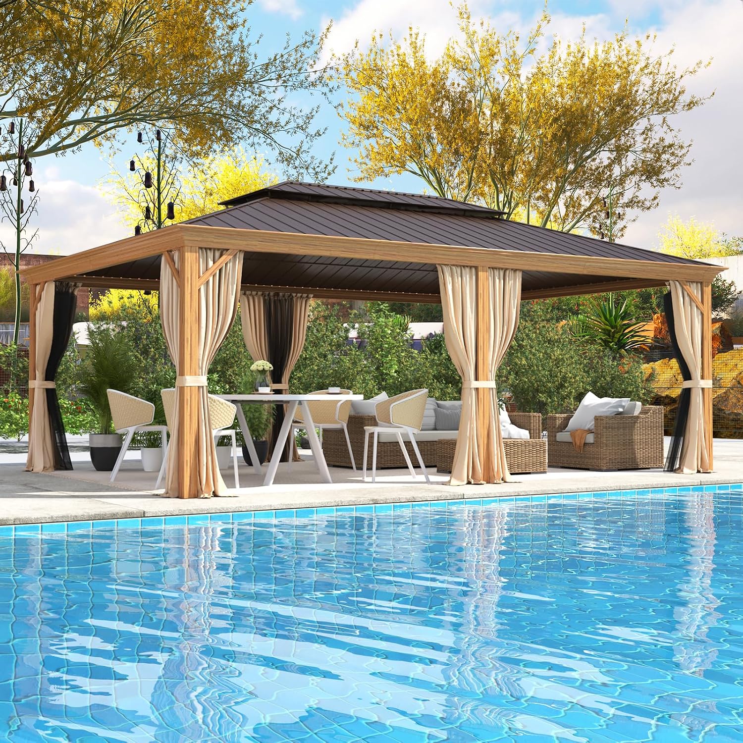 EROMMY 14'x20' Gazebo, Galvanized Steel Double Roof with Wood Grain Aluminum Frame, Outdoor Permanent Metal Pavilion with Curtains and Nettings for Patio, Backyard and Deck