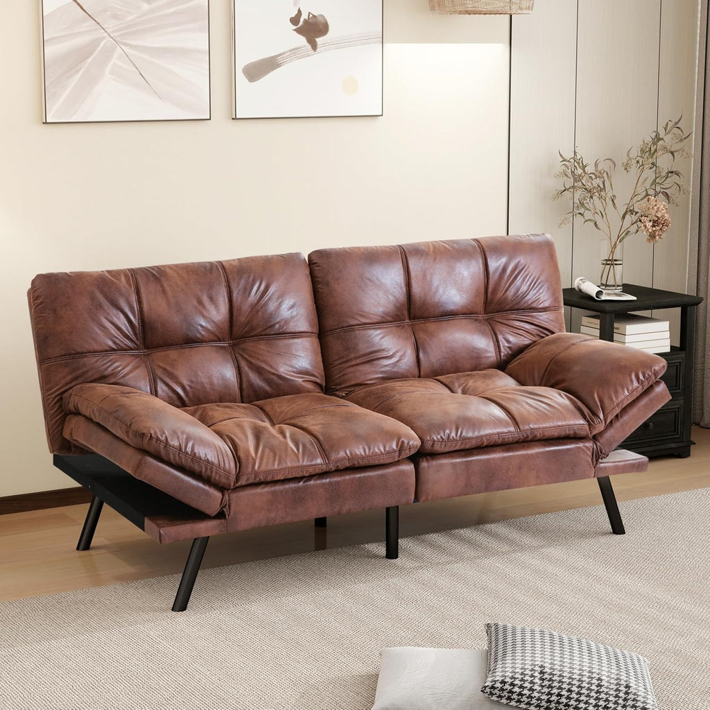 MUUEGM 71' Futon Sofa Bed, Memory Foam Convertible Faux Leather Futon Couch Bed with Adjustable Backrest & Armrest, Modern Loveseat Sleeper for Living Room and Small Apartments, Vintage Brown