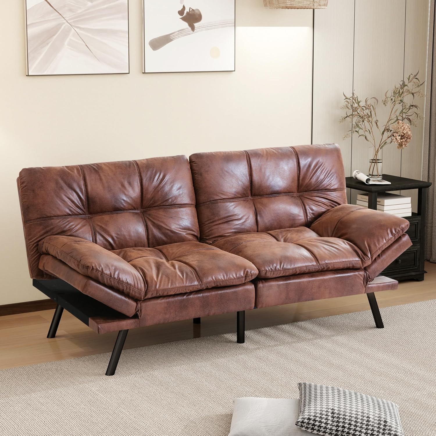 MUUEGM 71' Futon Sofa Bed, Memory Foam Convertible Faux Leather Futon Couch Bed with Adjustable Backrest & Armrest, Modern Loveseat Sleeper for Living Room and Small Apartments, Vintage Brown