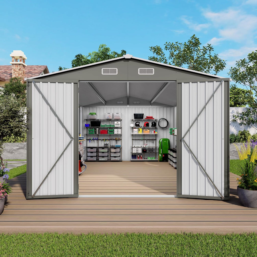 YOPTO 10x14 FT Outdoor Storage Shed,Metal Shed W/ 3 Lockable Doors & Window,Garden Tool House W/ 4 Air Vents & Sloped Roof,All Weather Waterproof for Backyard,Patio,Lawn,Grey