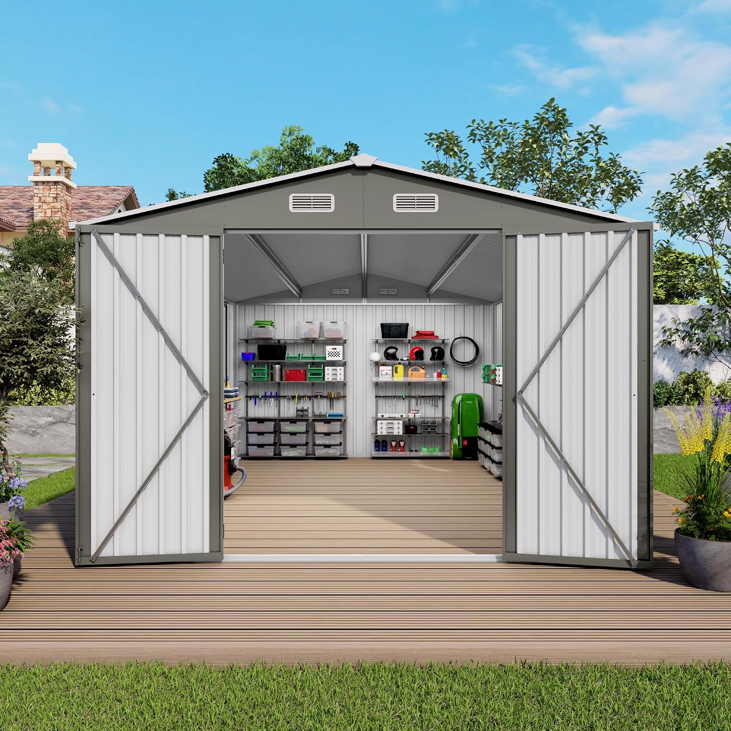 YOPTO 10x14 FT Outdoor Storage Shed,Metal Shed W/ 3 Lockable Doors & Window,Garden Tool House W/ 4 Air Vents & Sloped Roof,All Weather Waterproof for Backyard,Patio,Lawn,Grey