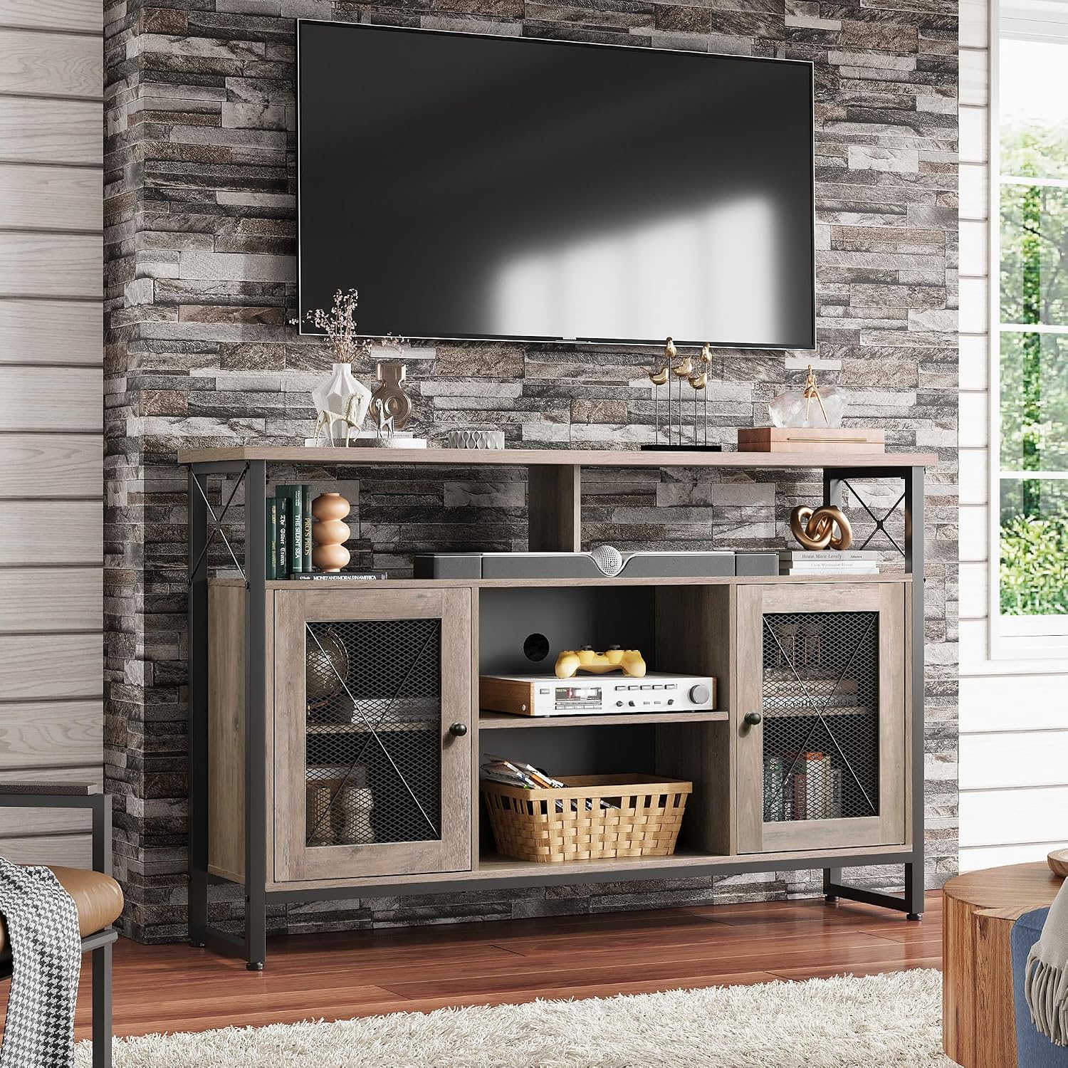 WLIVE TV Stand 55 inch TV, Tall Entertainment Center and Industrial TV Console Cabinet with Storage for Bedroom Living Room, Greige